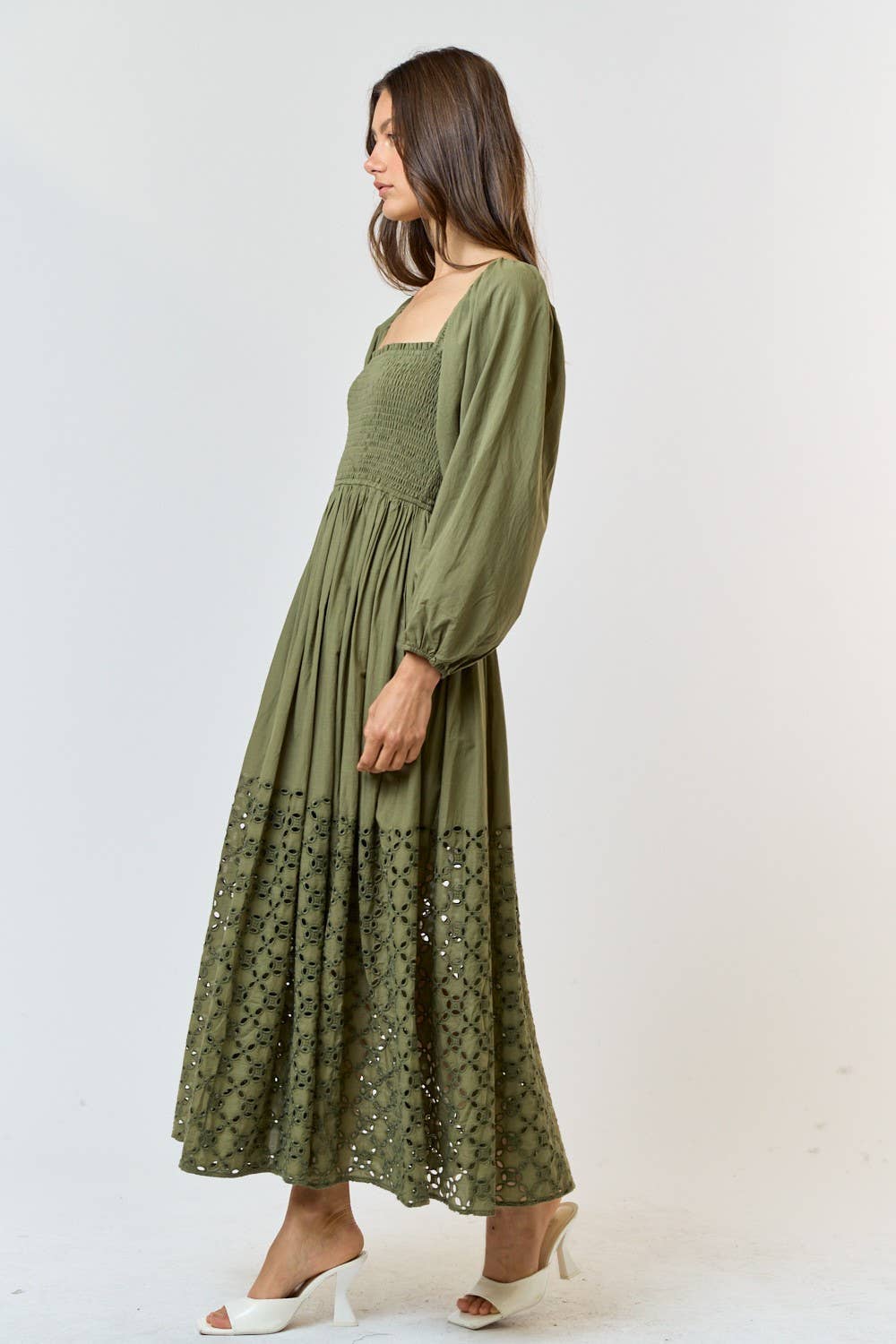 Smocked Puff Sleeve Eyelet Flared Maxi Dress, Olive