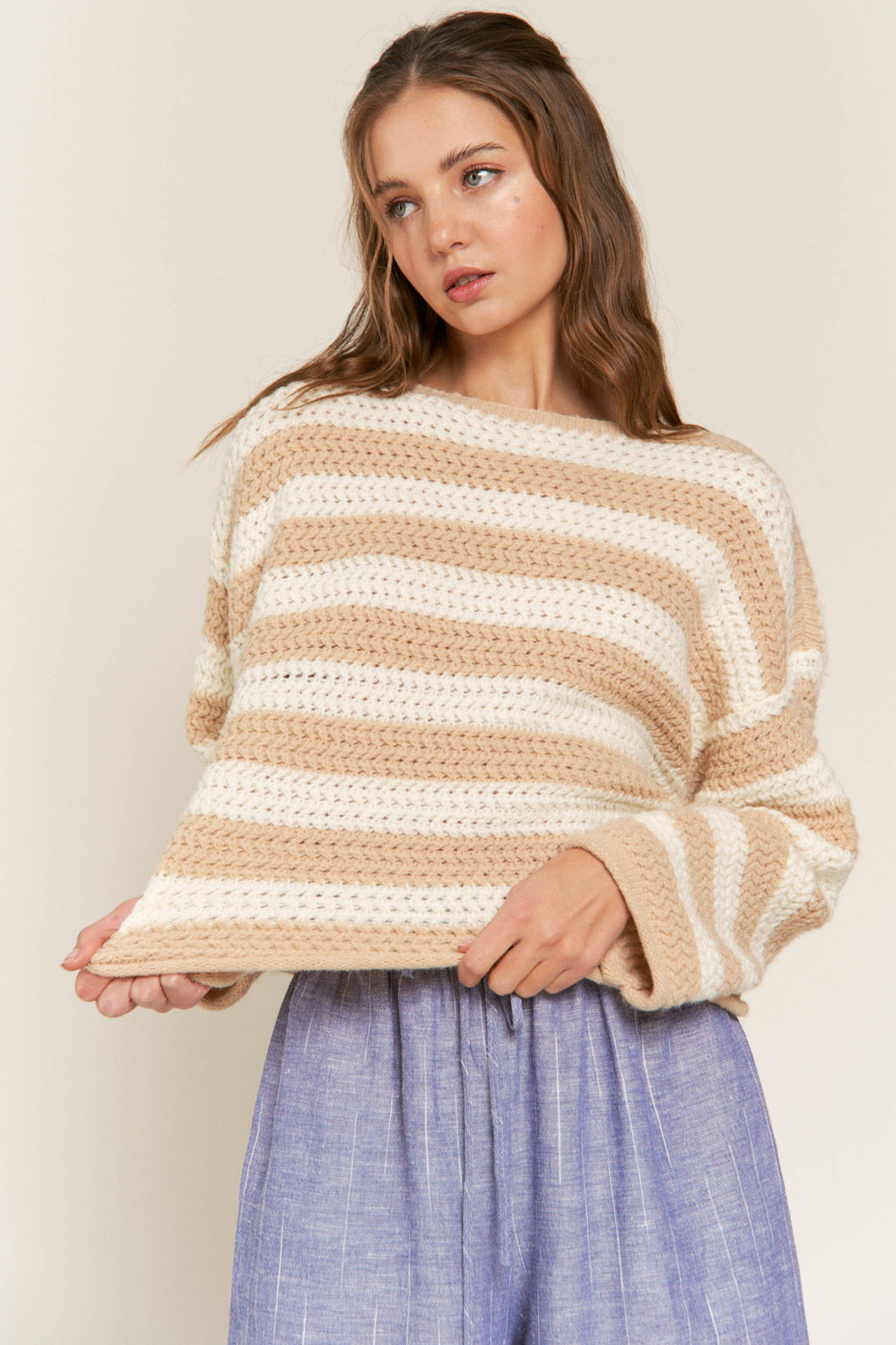 Eberdeen Beige Striped Knit Sweater