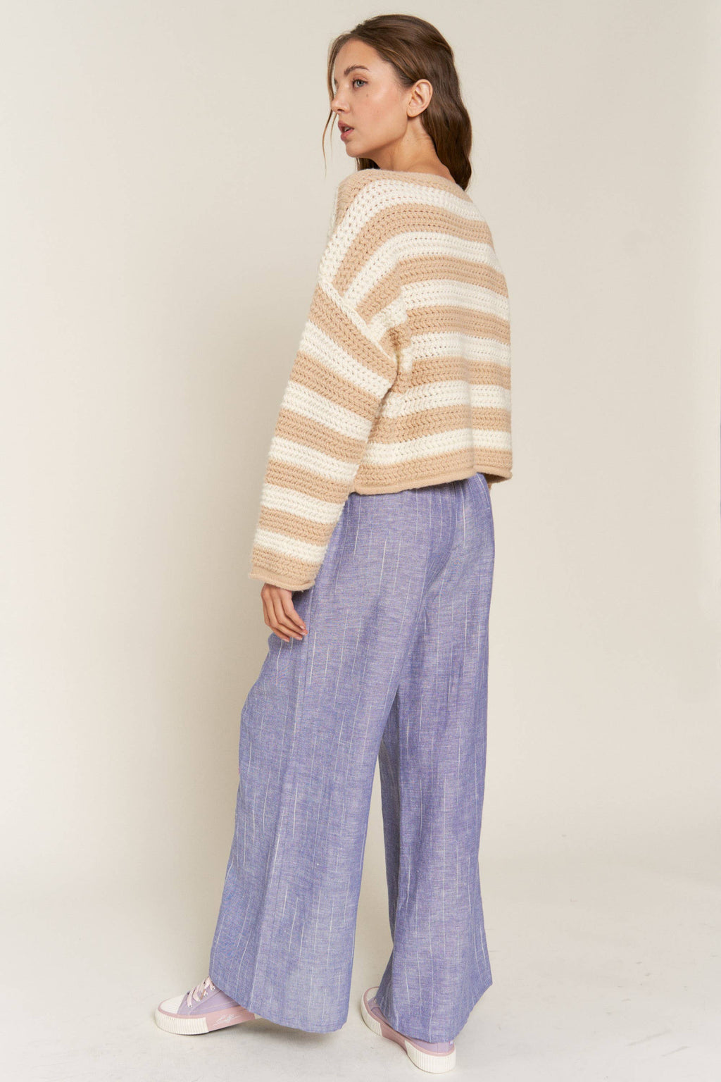 Eberdeen Beige Striped Knit Sweater