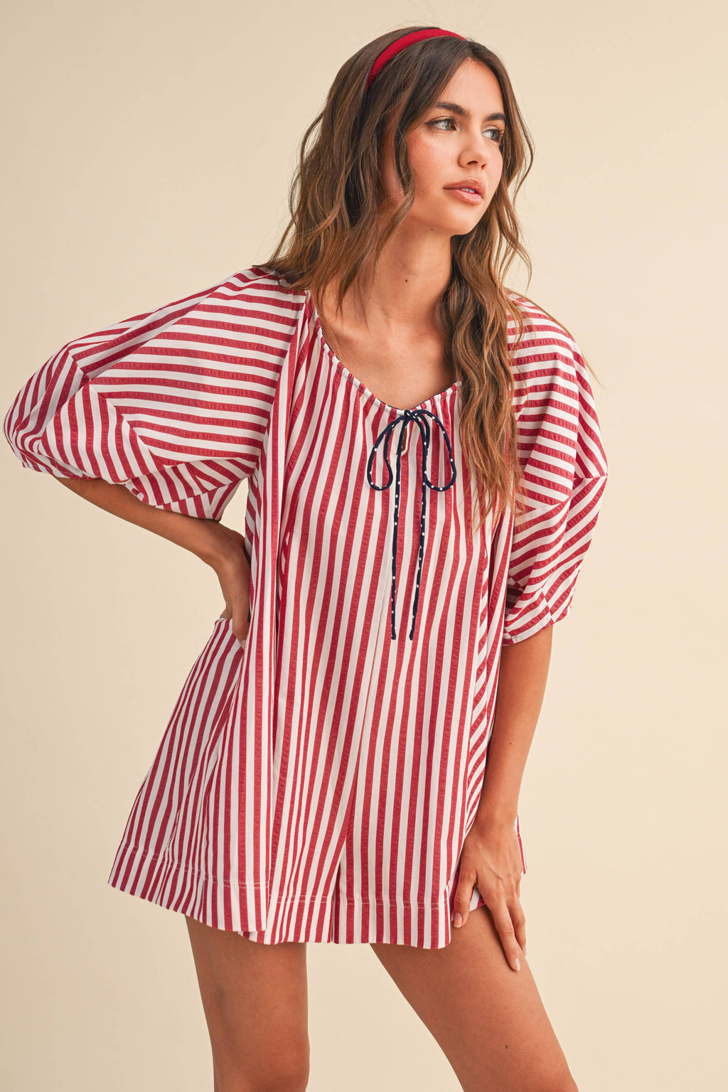 IR2141-K AMERICAN STRIPED OVERSIZED SCOOPNECK PUFF SLEEVE RO