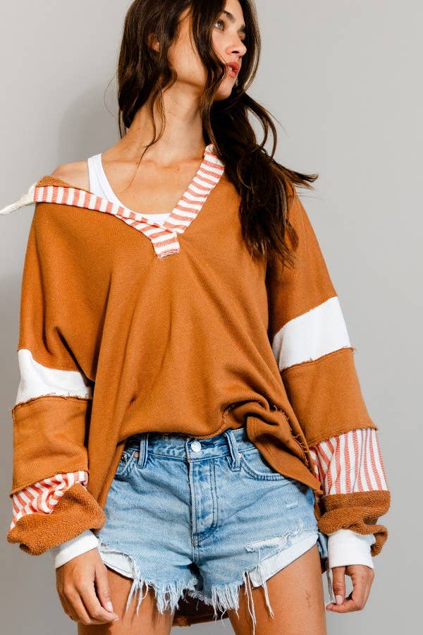 French Terry Knit Color-block Collared Loose Fit Top