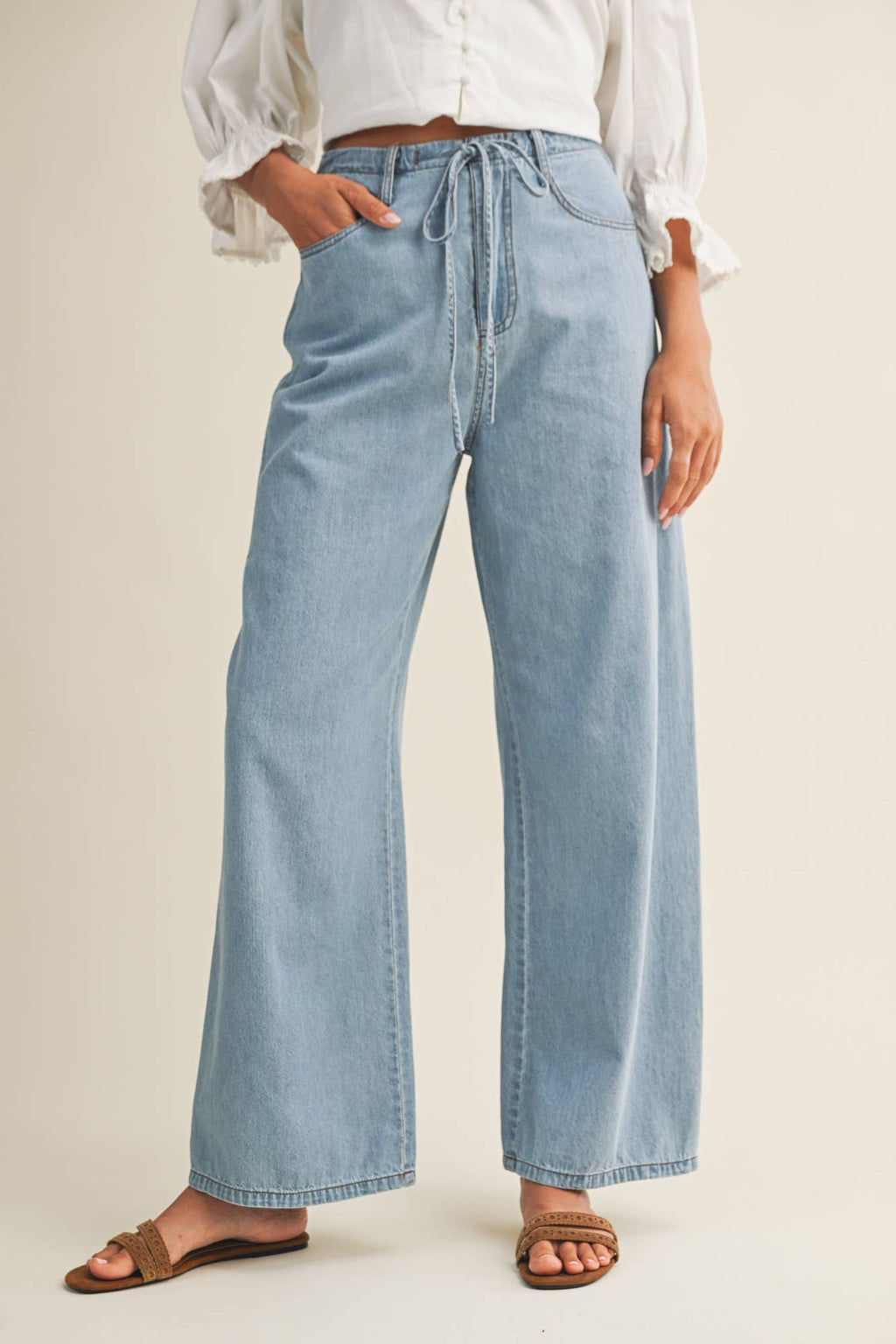 RELAXED DENIM PANTS WITH DRAWSTRING WAIST