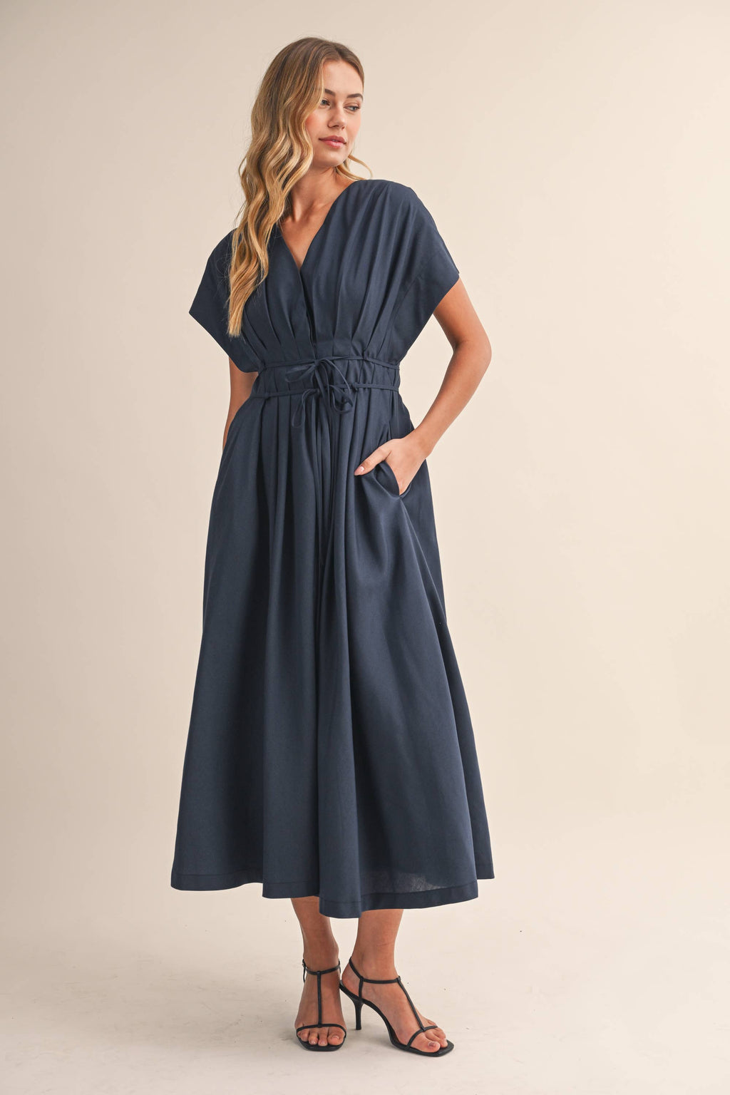 IDA1035 POPLIN SHORT SLV PLEATED DETAIL BELTED MAXI DRESS
