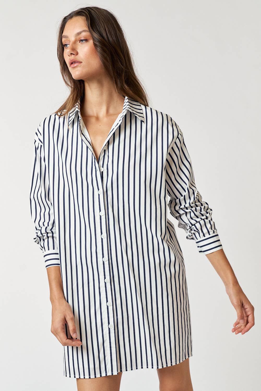 Striped Collar Button Up Shirt Mini Dress, Navy/White