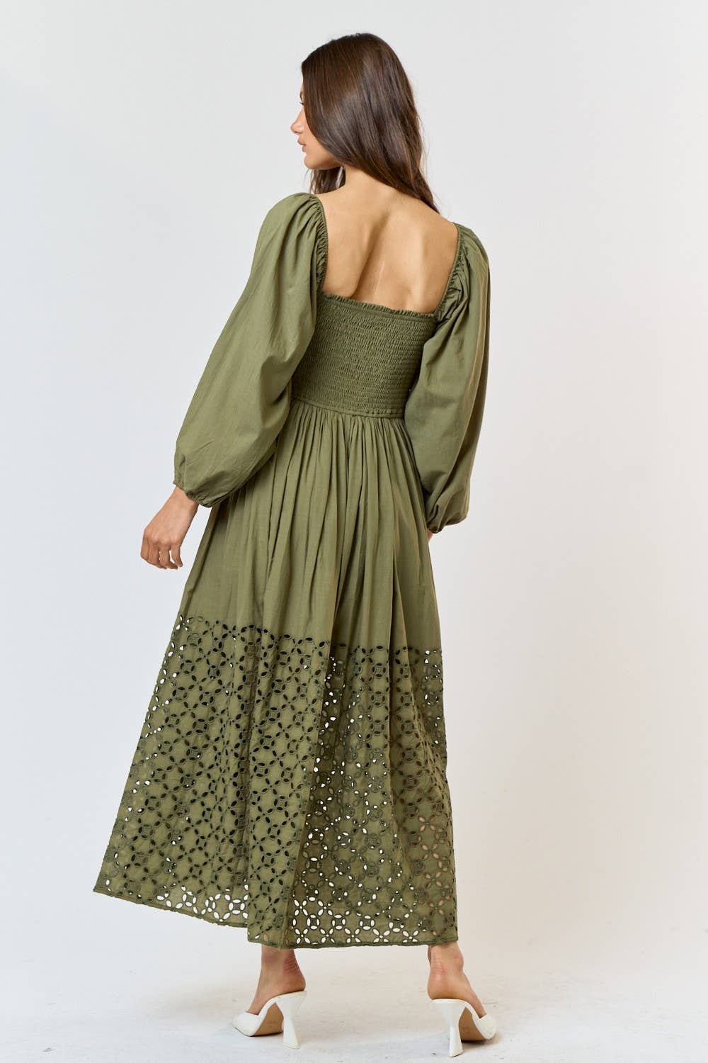 Smocked Puff Sleeve Eyelet Flared Maxi Dress, Olive