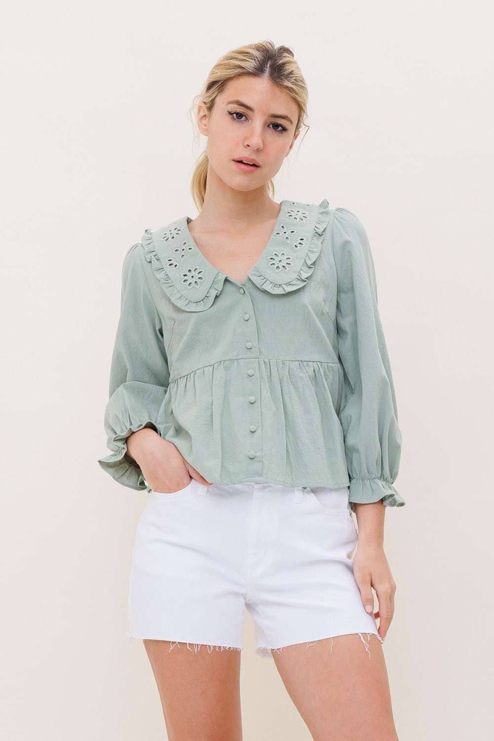 Ethel 3/4th Sleeve Top with Collar and Buttons