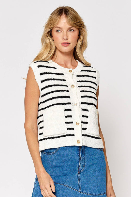 Gold Button Striped Sweater Vest w/ pockets