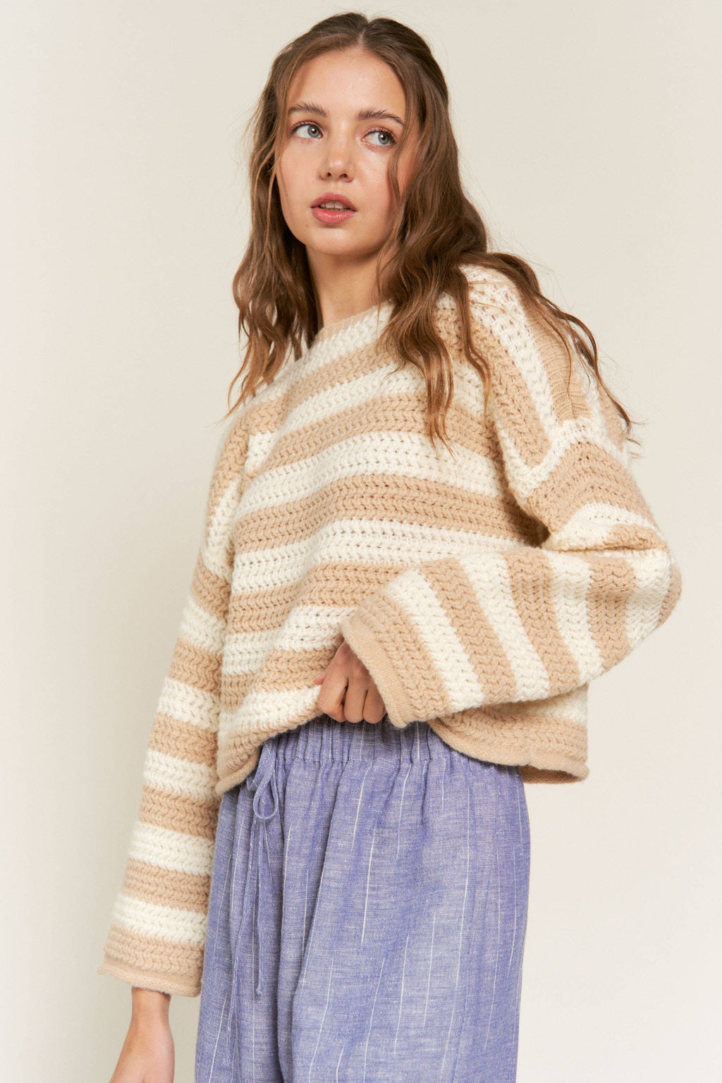 Eberdeen Beige Striped Knit Sweater