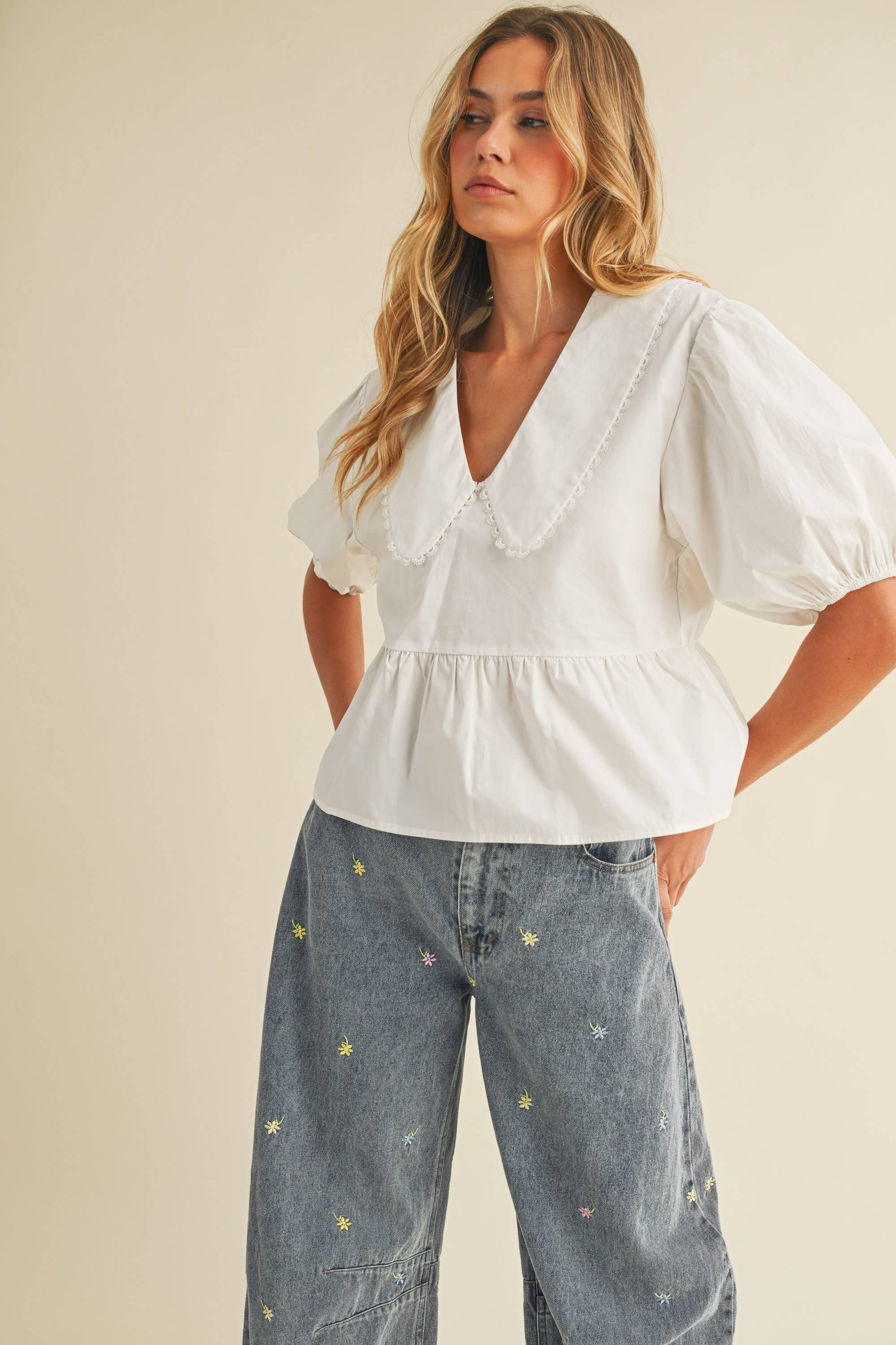 PUFF SLEEVES OVERSIZED COLLAR TOP BLOUSE