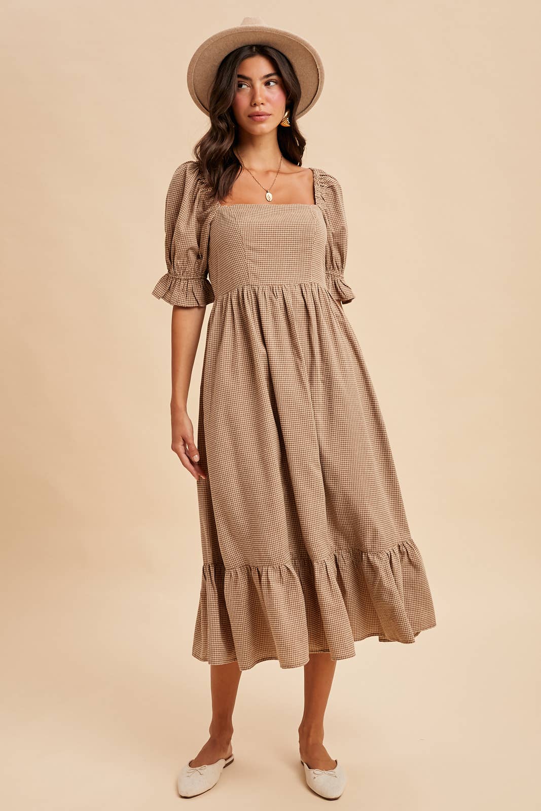 GRID CHECKERED MIDI DRESS