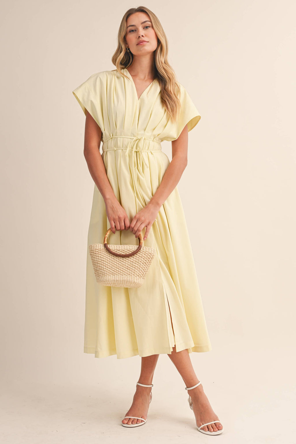 IDA1035 POPLIN SHORT SLV PLEATED DETAIL BELTED MAXI DRESS