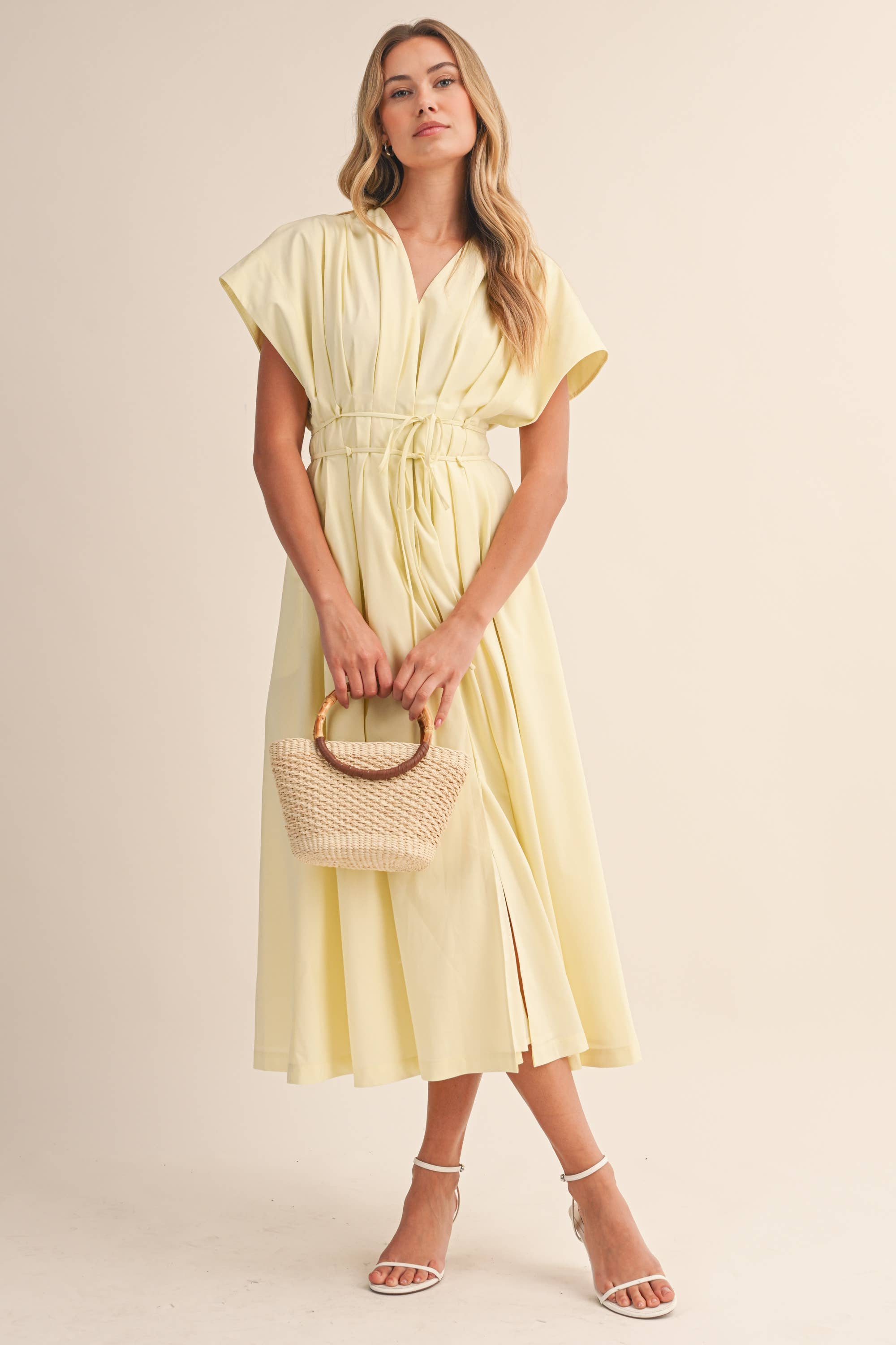 IDA1035 POPLIN SHORT SLV PLEATED DETAIL BELTED MAXI DRESS
