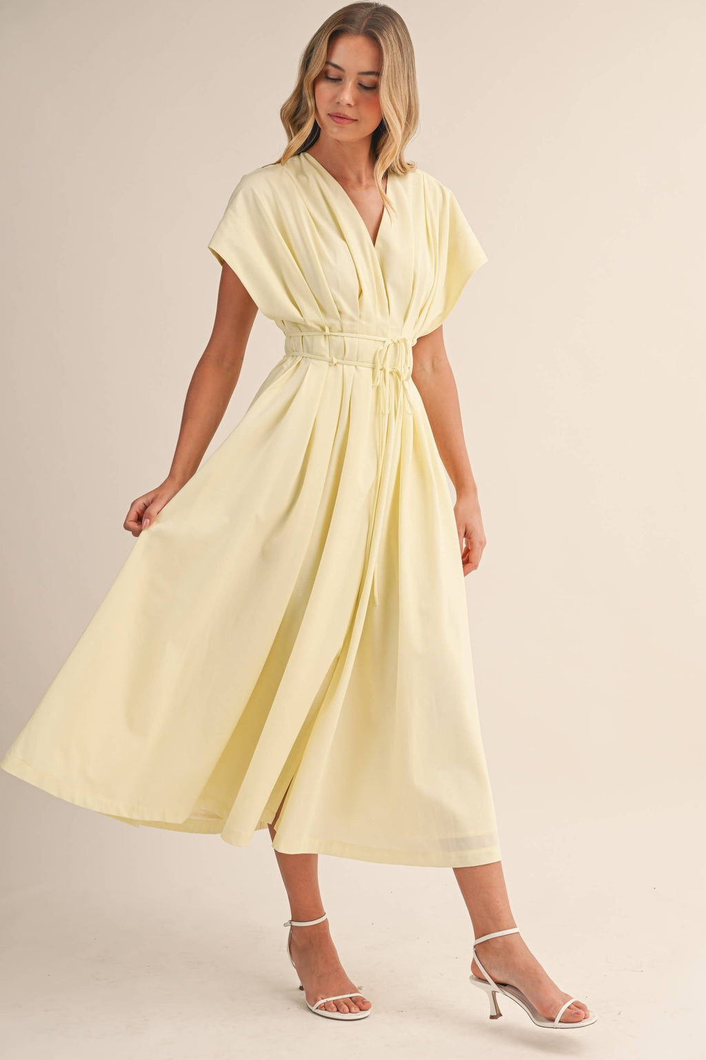IDA1035 POPLIN SHORT SLV PLEATED DETAIL BELTED MAXI DRESS