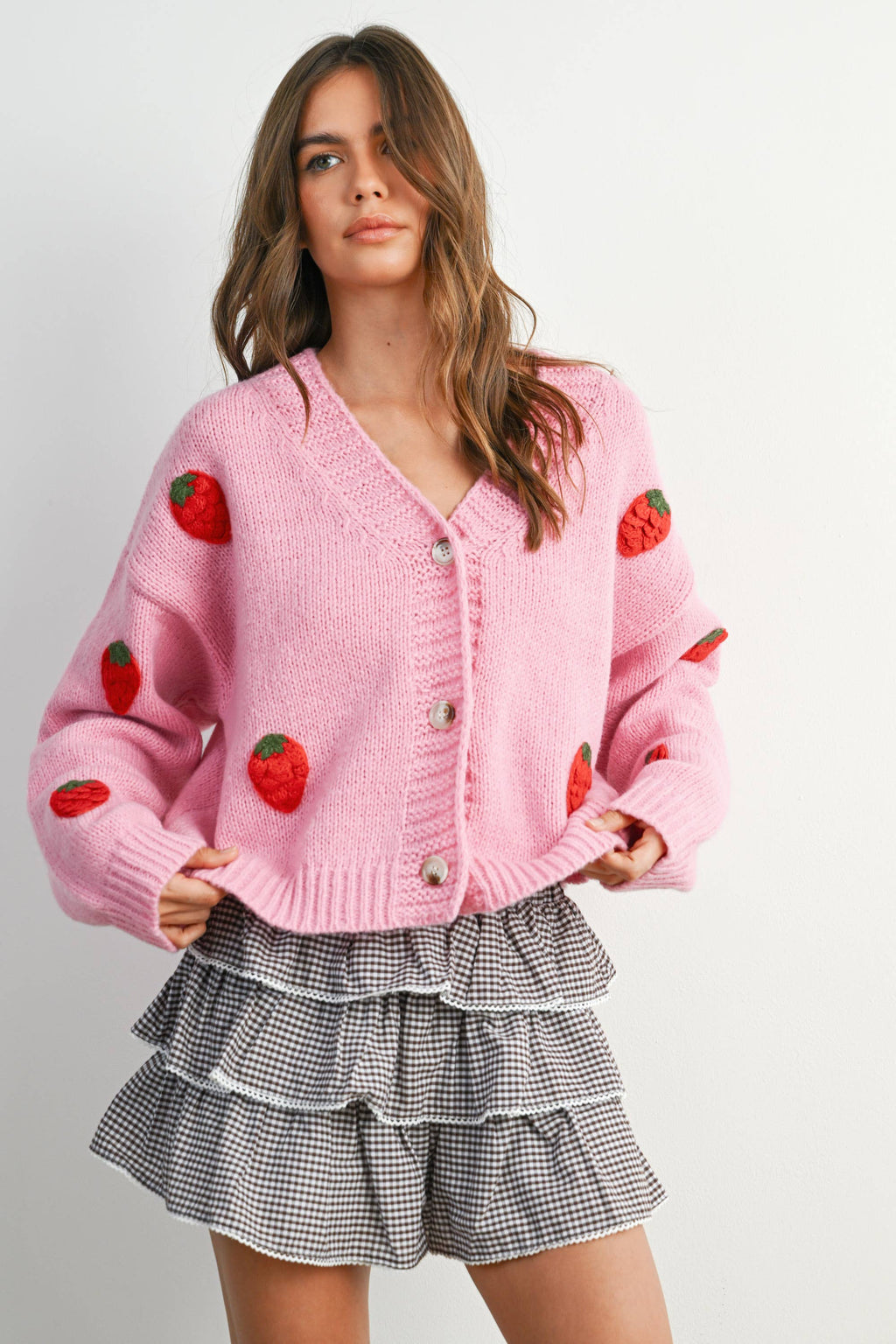 Eloise Strawberry Embroidered Cropped Cardigan