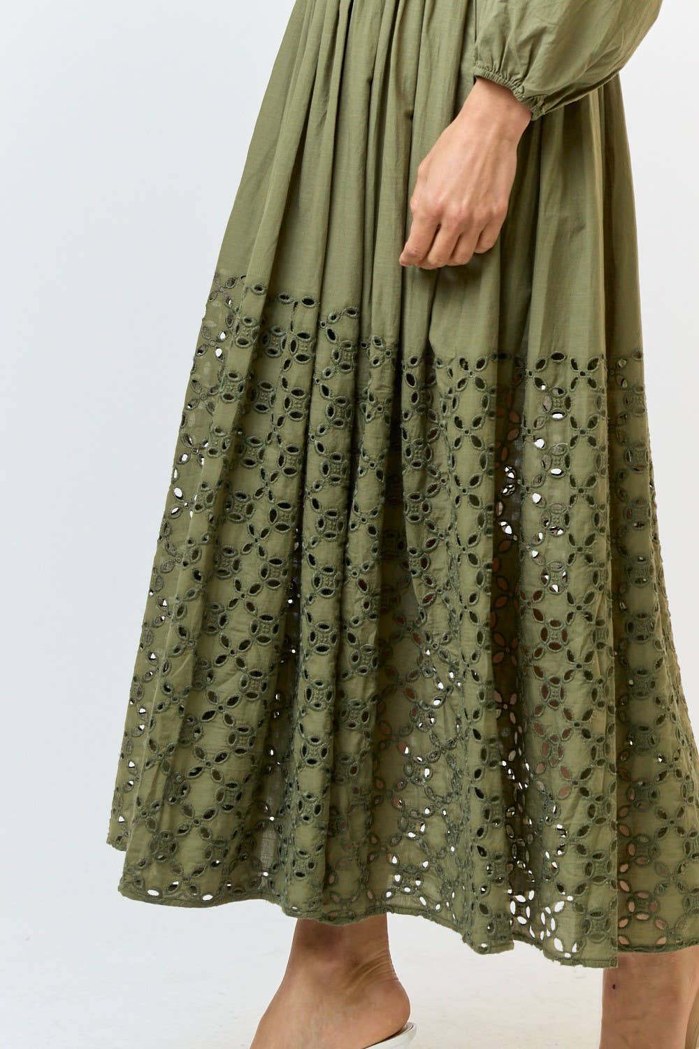 Smocked Puff Sleeve Eyelet Flared Maxi Dress, Olive