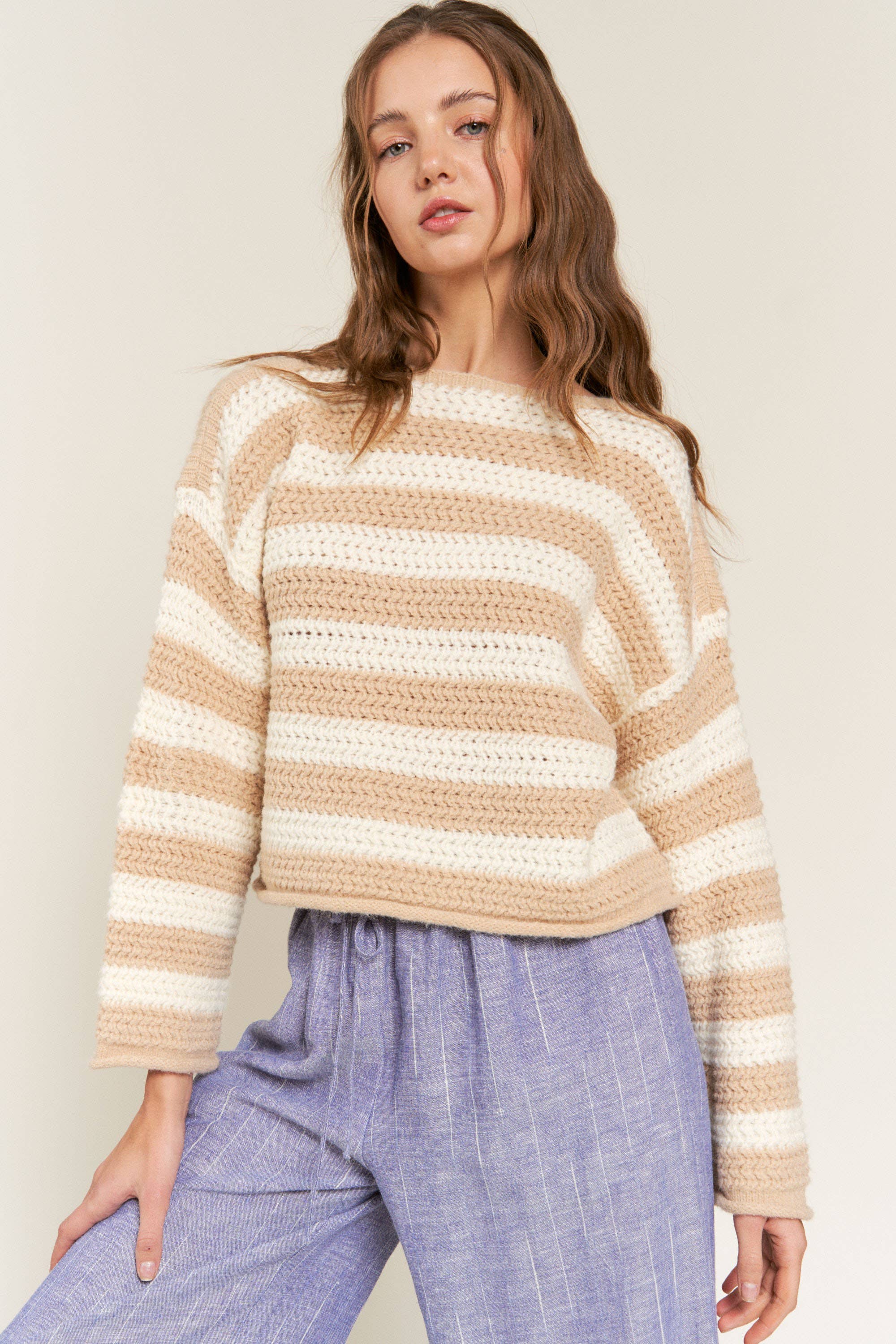Eberdeen Beige Striped Knit Sweater