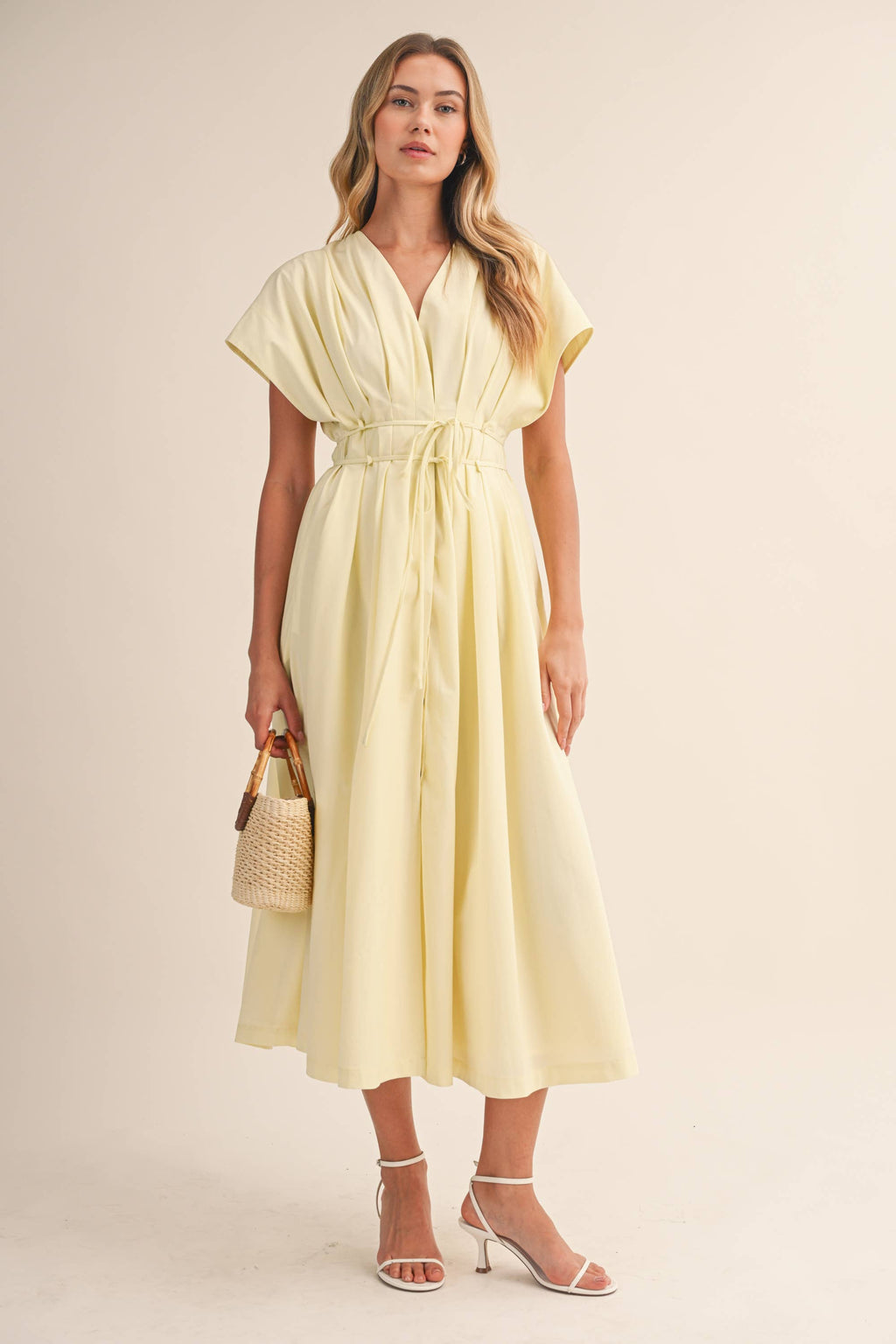 IDA1035 POPLIN SHORT SLV PLEATED DETAIL BELTED MAXI DRESS