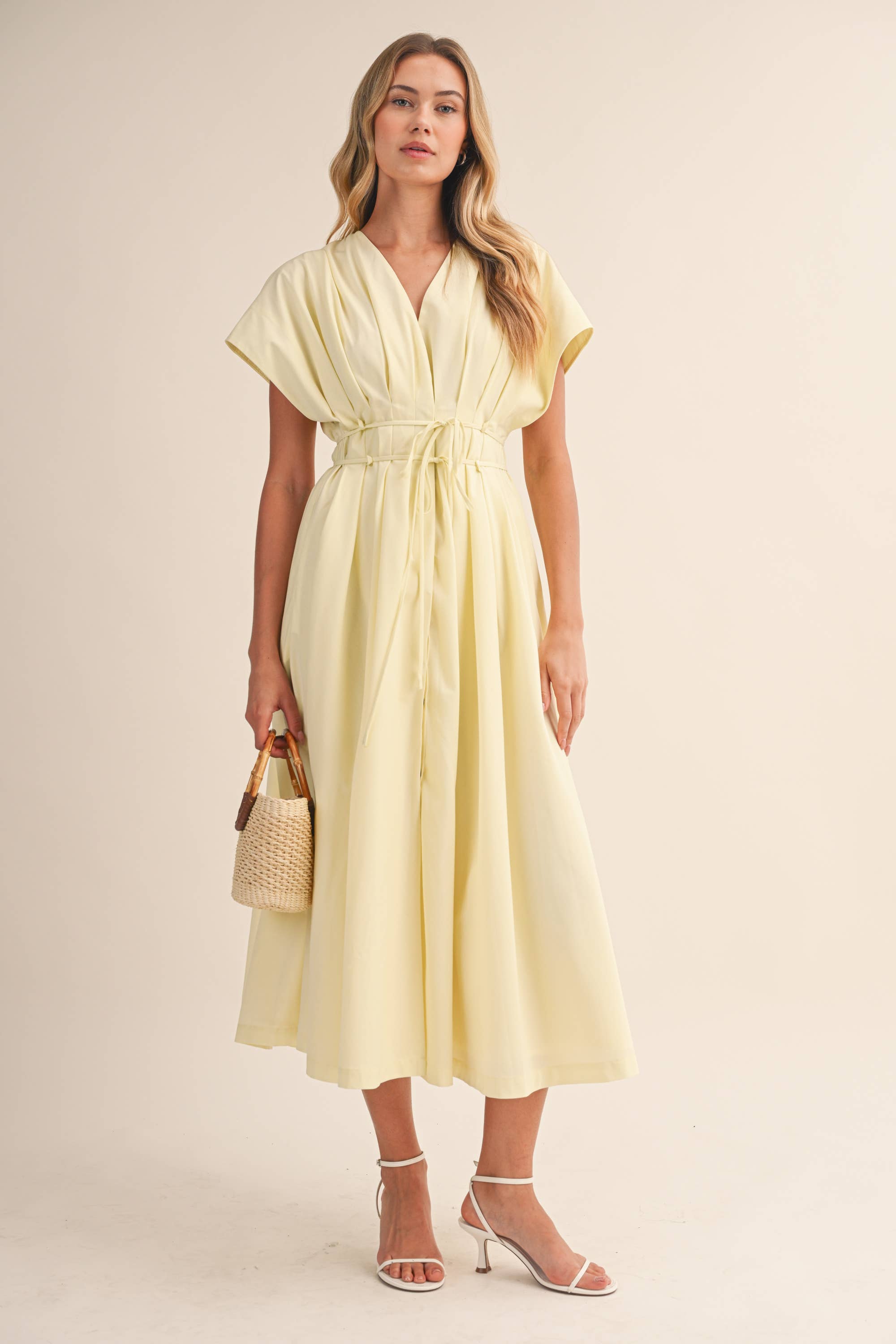 IDA1035 POPLIN SHORT SLV PLEATED DETAIL BELTED MAXI DRESS