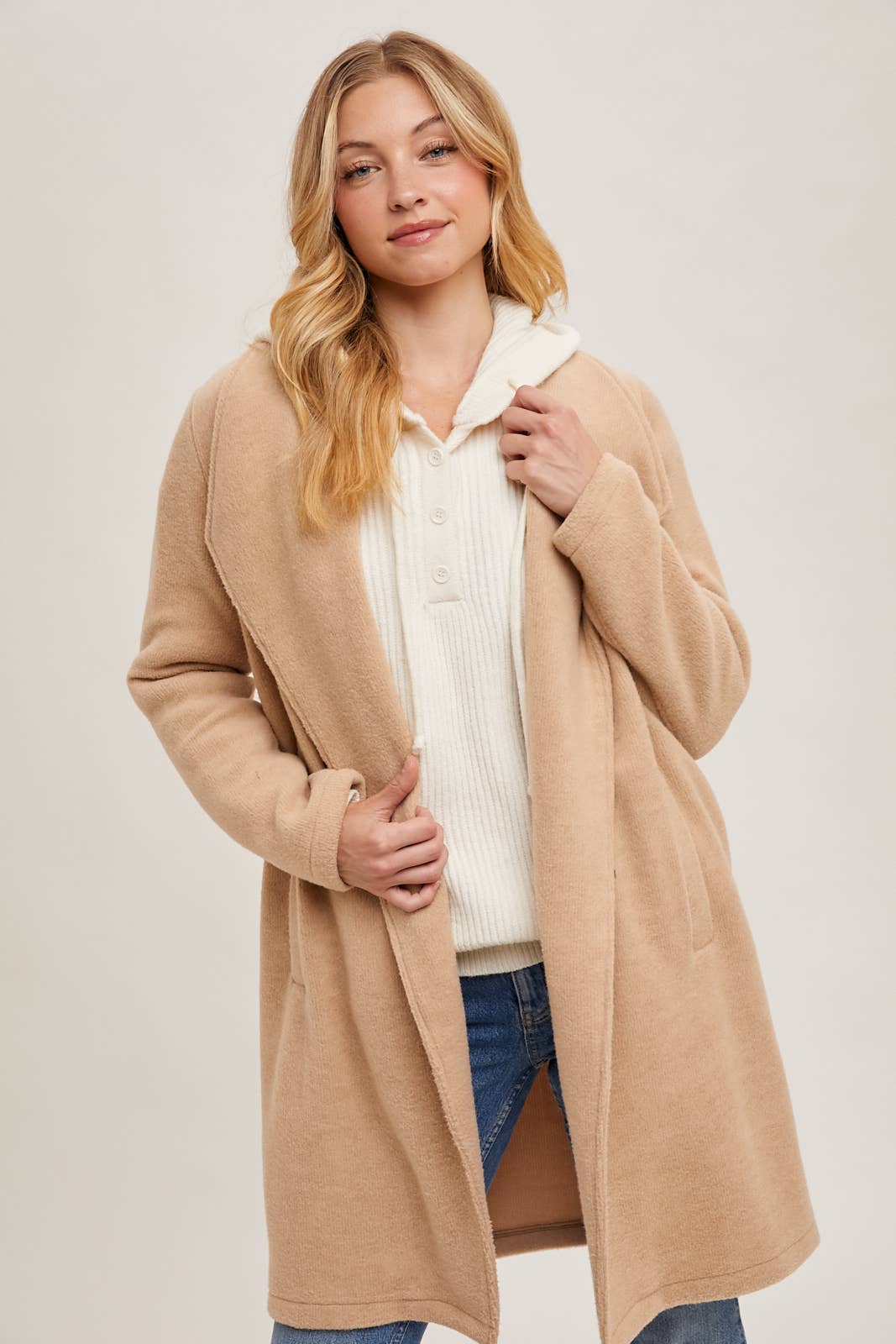 Open Front Knit Jacket, Beige