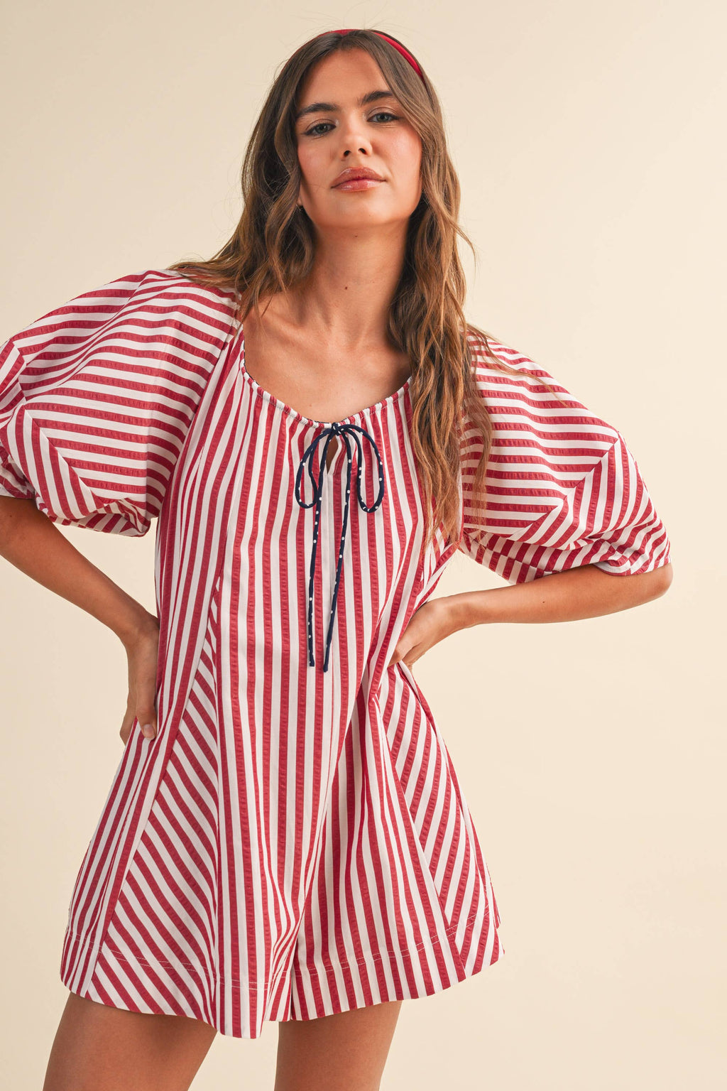 IR2141-K AMERICAN STRIPED OVERSIZED SCOOPNECK PUFF SLEEVE RO