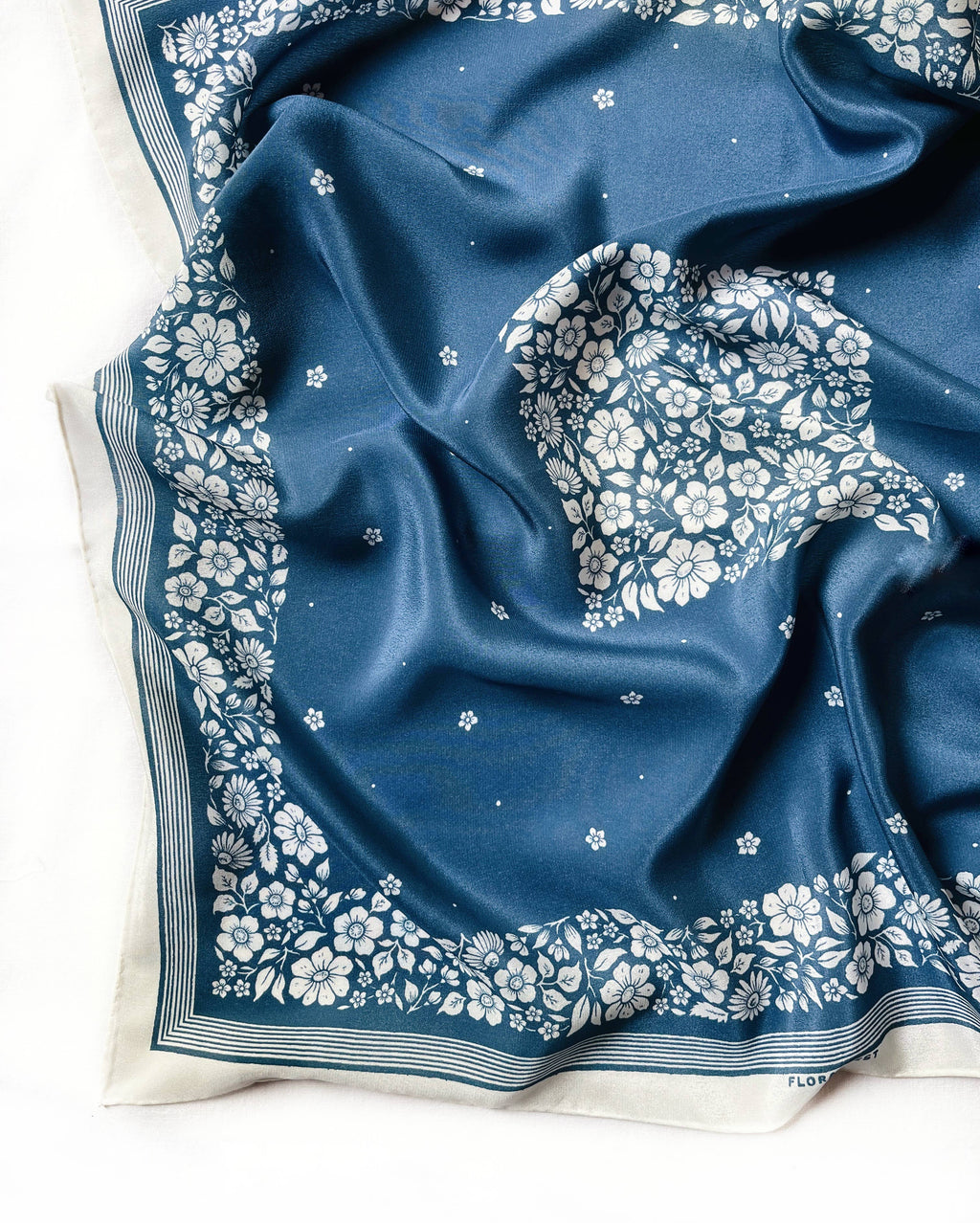 Santorini Floral China Blue - 100% Silk Bandana Scarf -