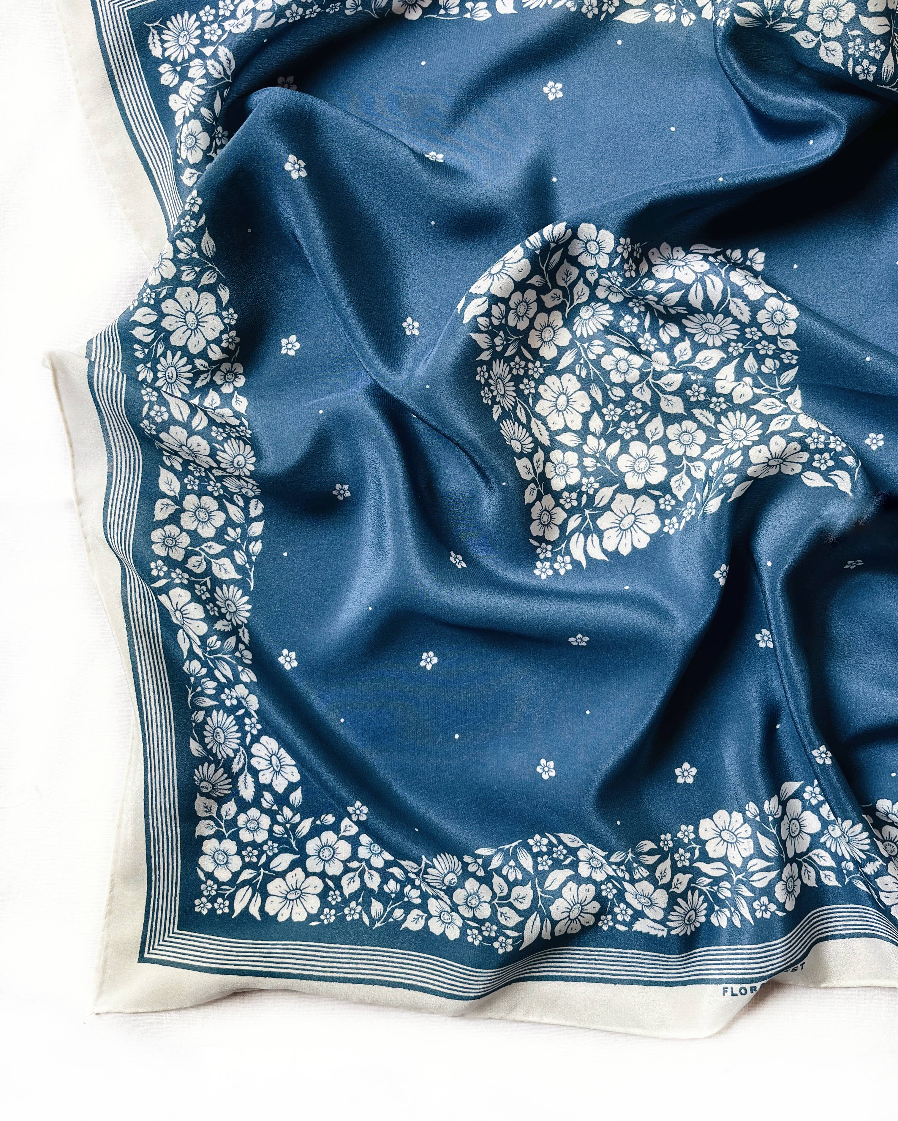 Santorini Floral China Blue - 100% Silk Bandana Scarf -