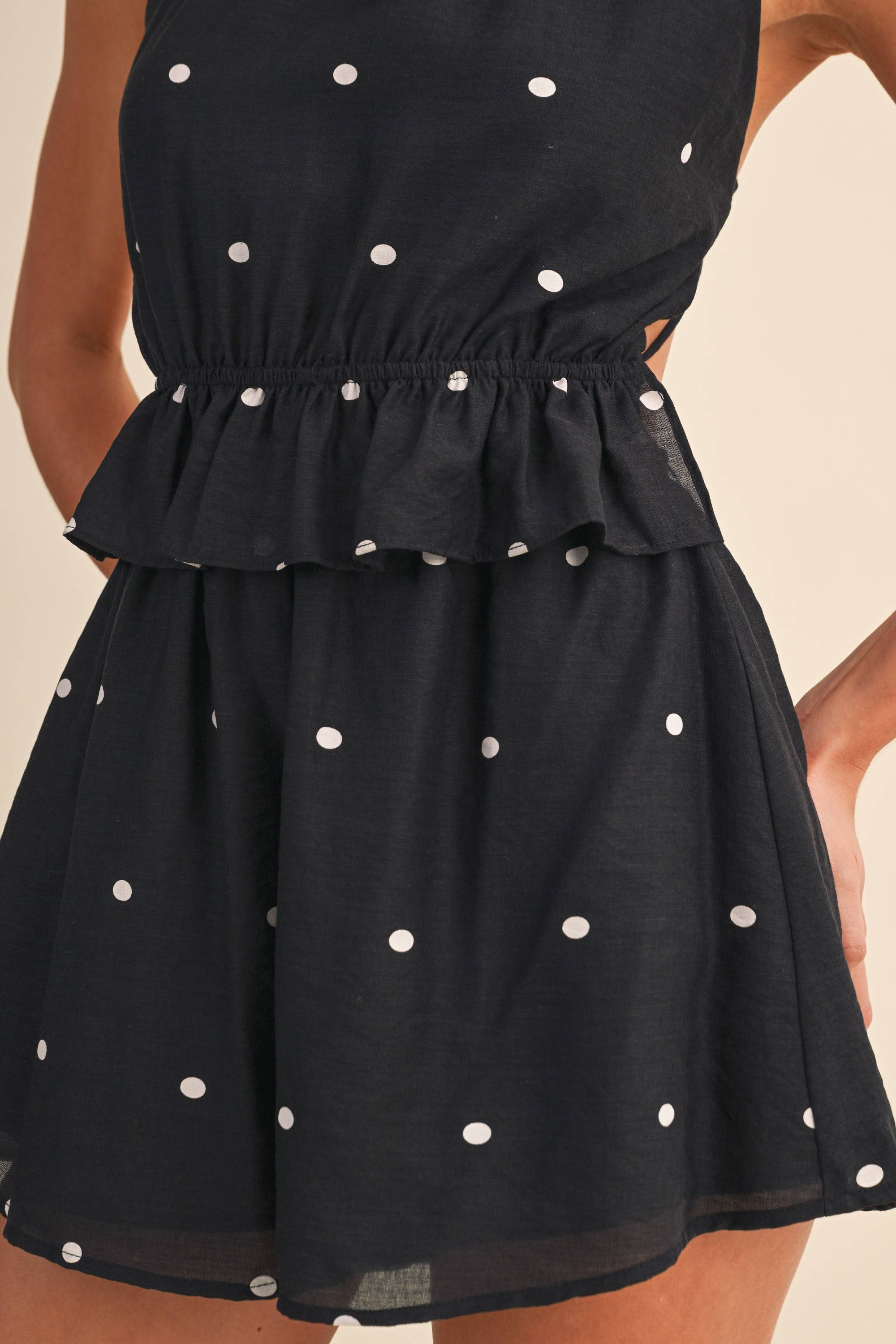 DOT PRINT HALTER BACKLESS ROMPER WITH RUFFLE WAIST