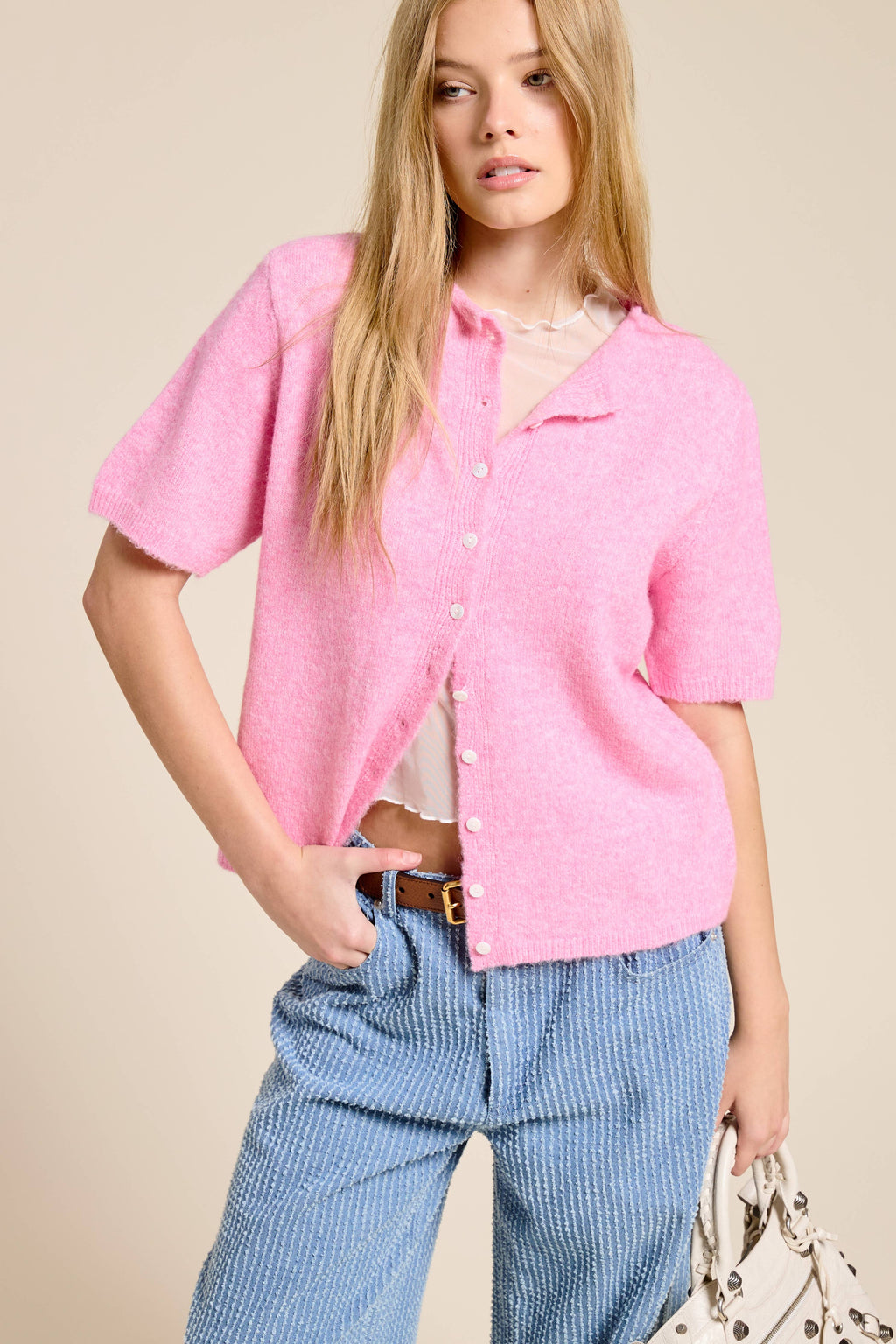 Short Sleeve Button Down Cardigan Top