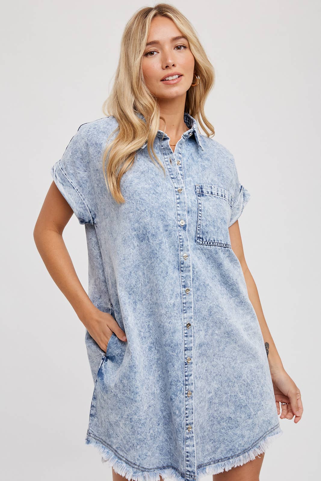 Frayed Hem Denim Shirt Dress