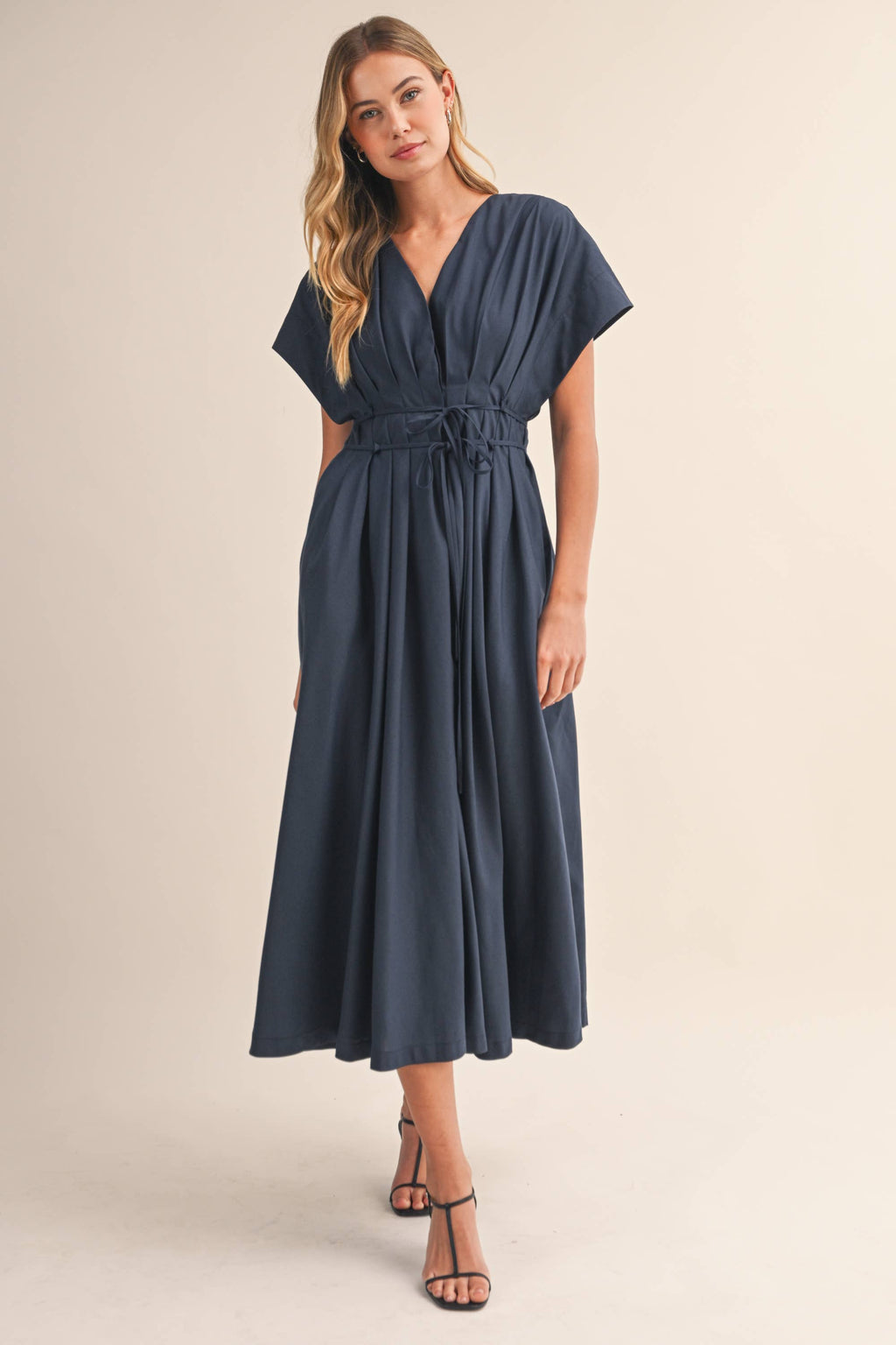 IDA1035 POPLIN SHORT SLV PLEATED DETAIL BELTED MAXI DRESS