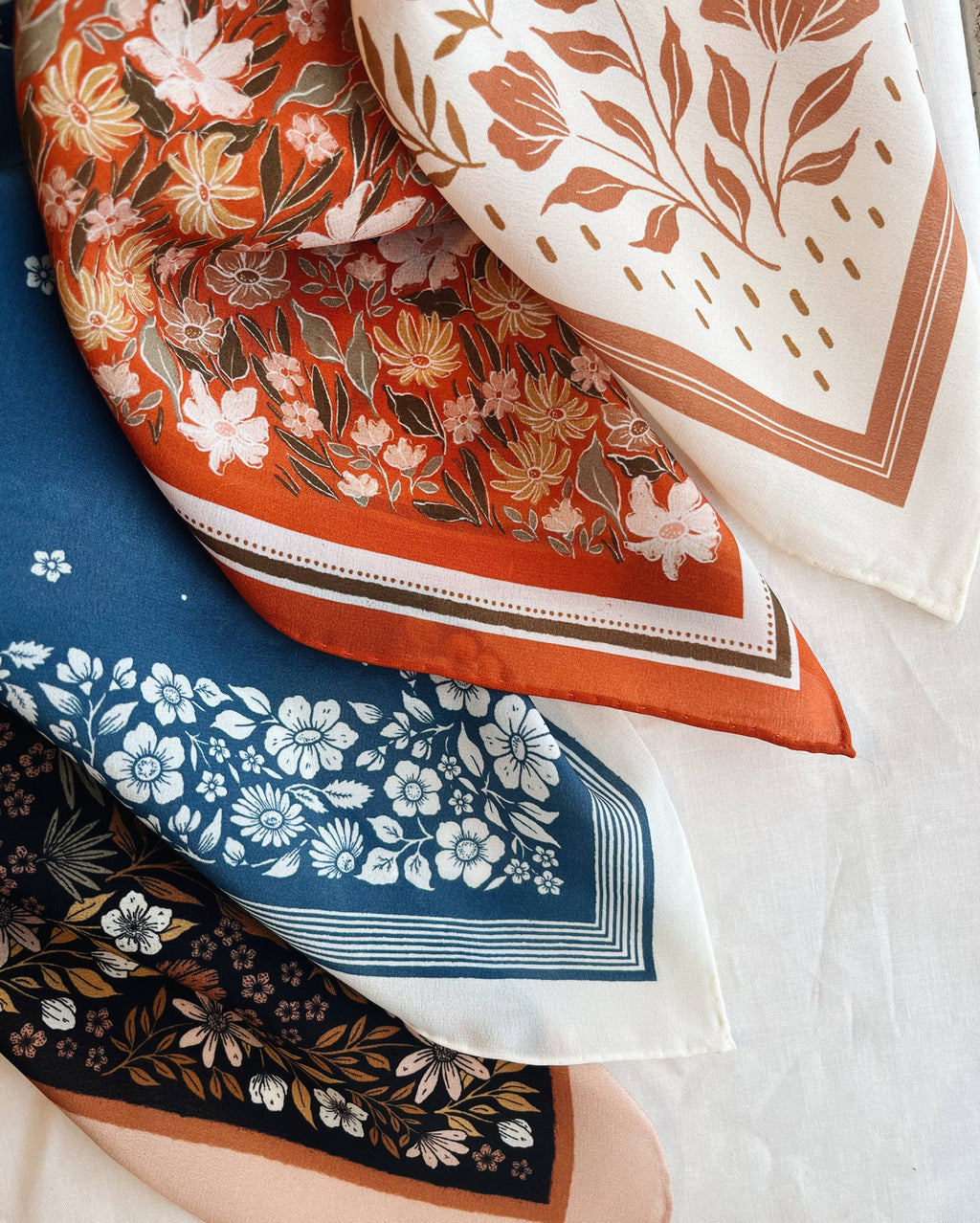 Santorini Floral China Blue - 100% Silk Bandana Scarf -