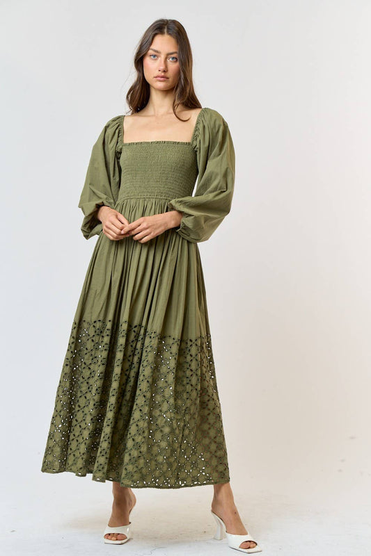 Smocked Puff Sleeve Eyelet Flared Maxi Dress, Olive