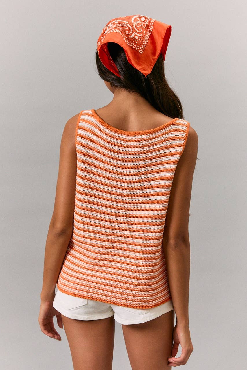 BOAT NECK SLEEVELESS BUTTON FRONT CROCHET EFFECT TOP