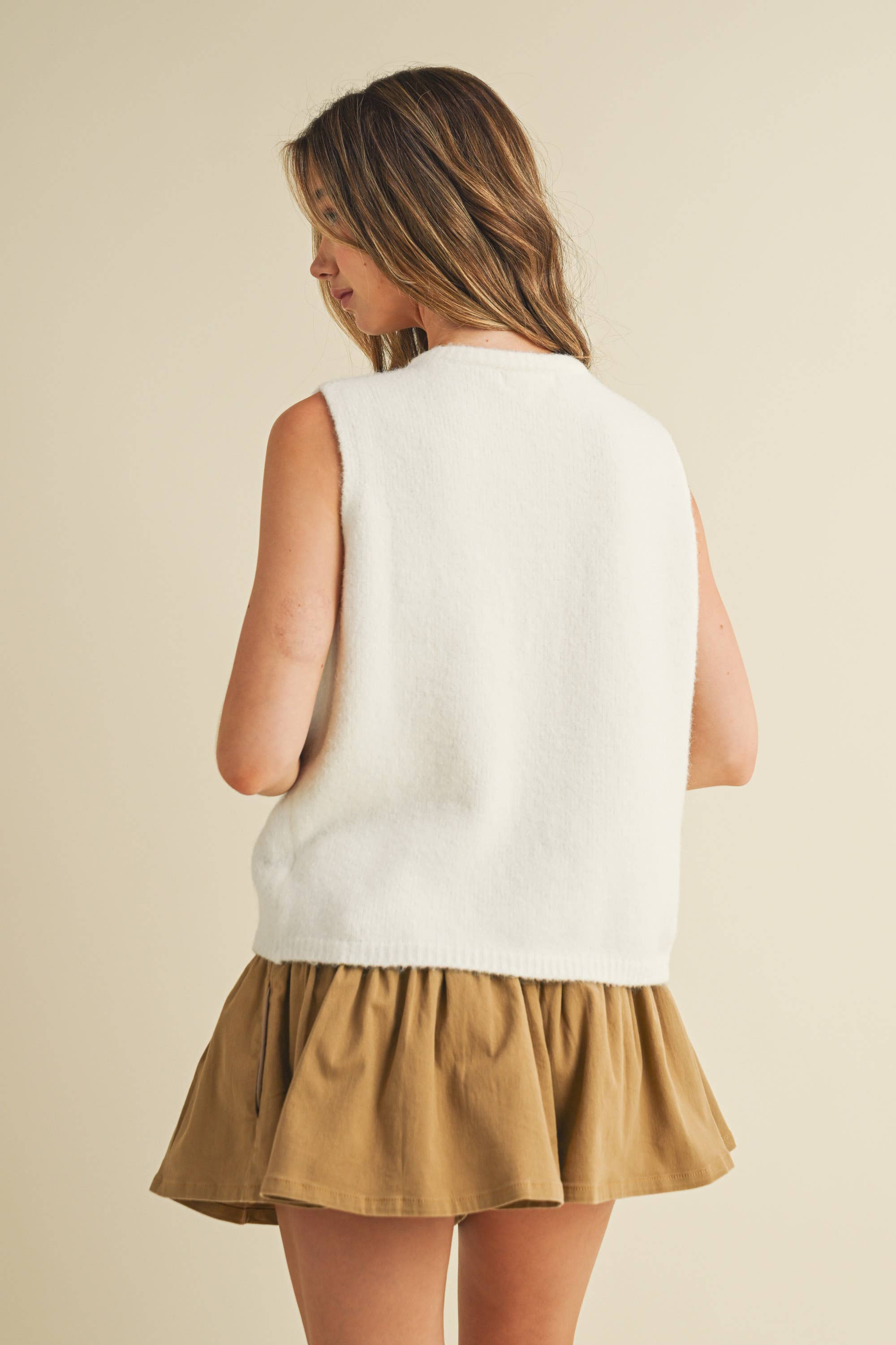 Ecru Button Front Sleeveless Top