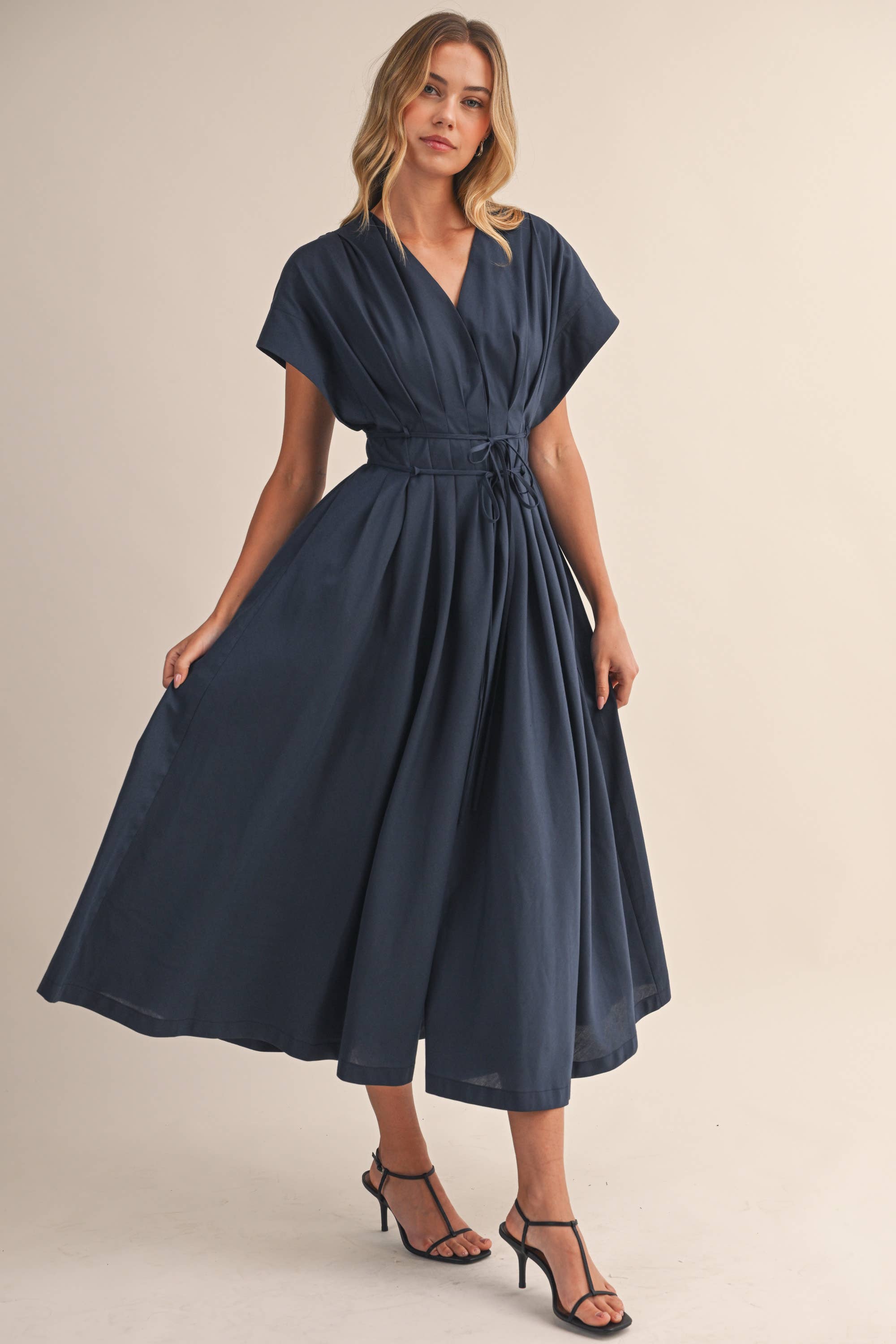 IDA1035 POPLIN SHORT SLV PLEATED DETAIL BELTED MAXI DRESS