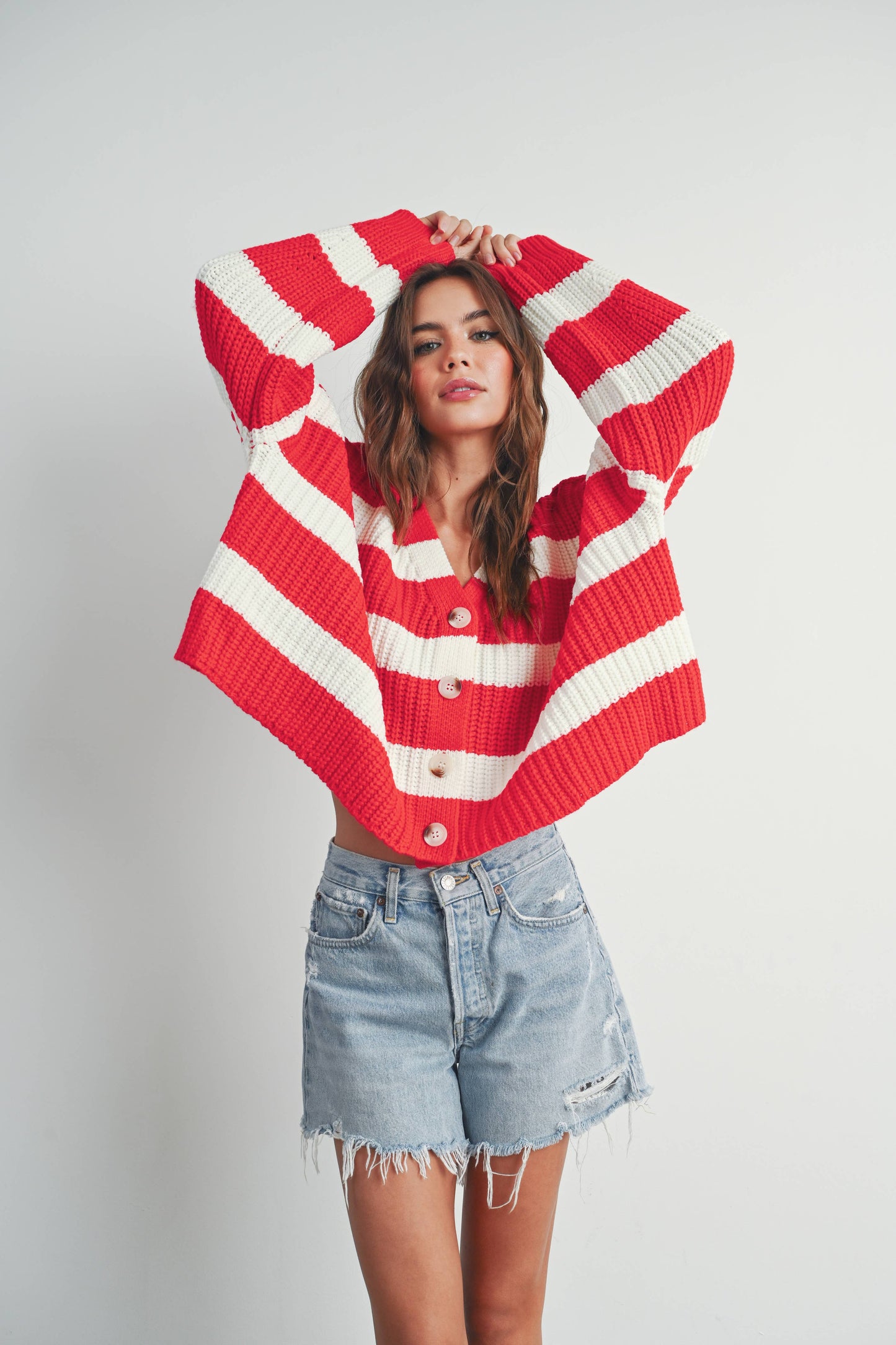 RED STRIPED V-NECK CARDIGAN WITH BUTTONS