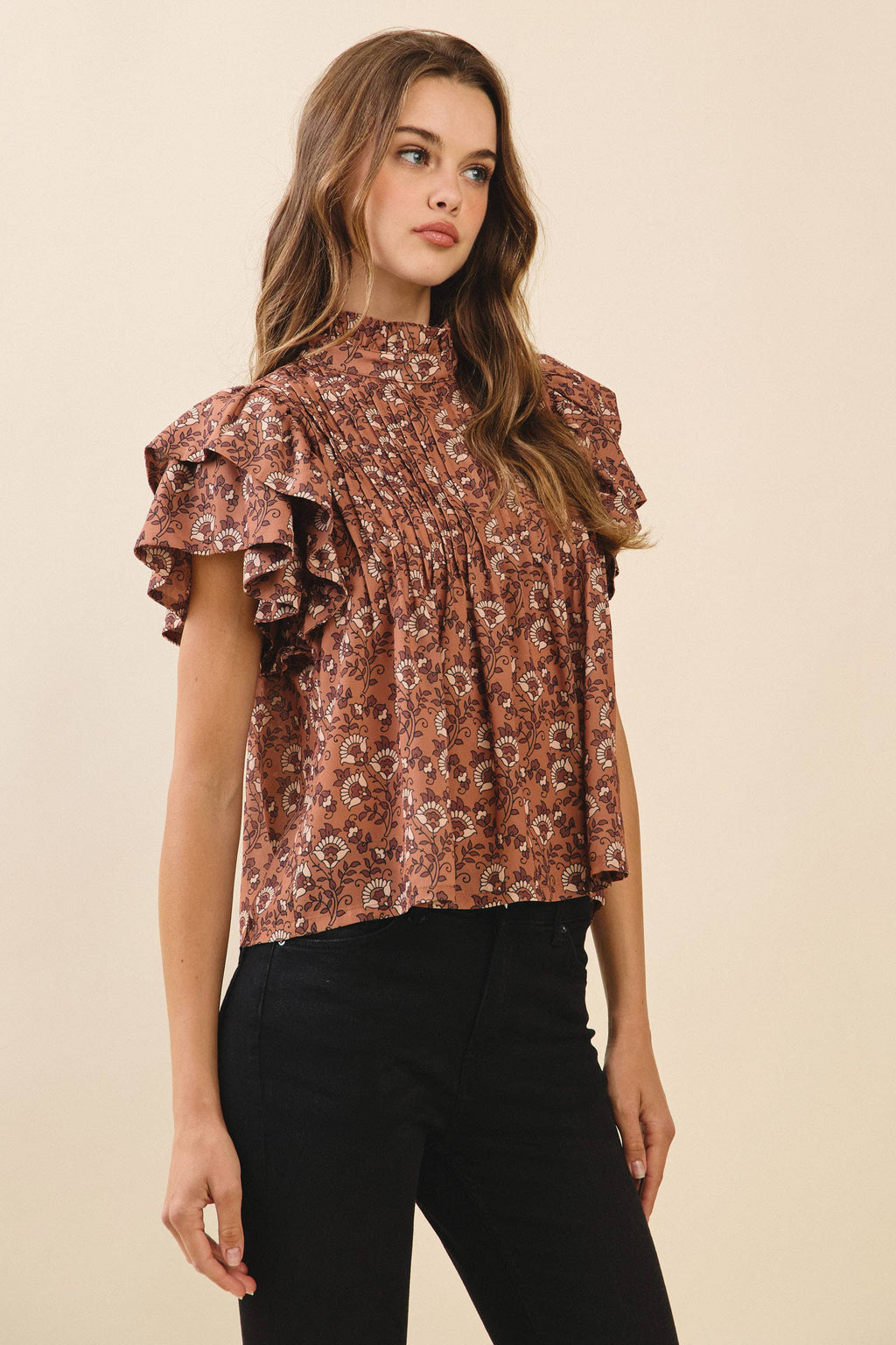 Floral Print Pintuck Detail Mock Neck Top