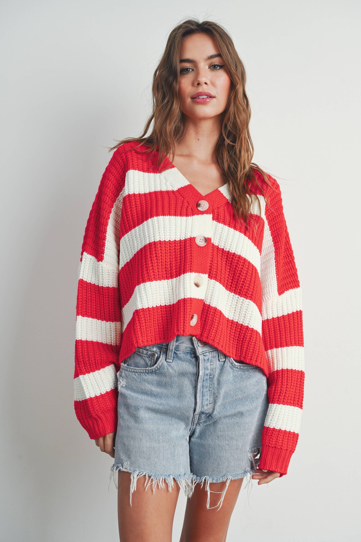 RED STRIPED V-NECK CARDIGAN WITH BUTTONS