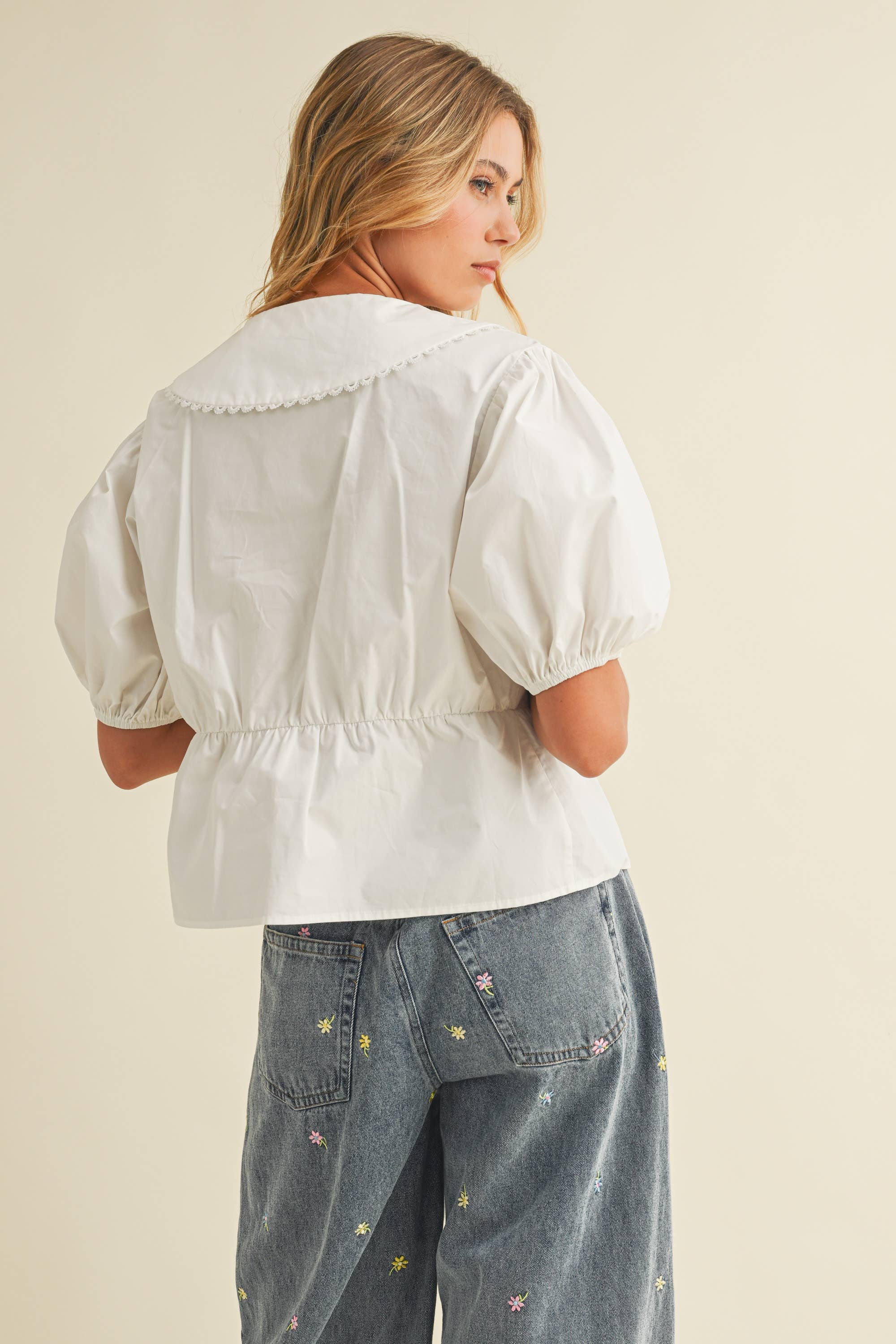 PUFF SLEEVES OVERSIZED COLLAR TOP BLOUSE