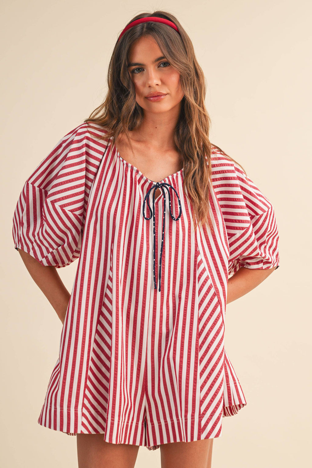 IR2141-K AMERICAN STRIPED OVERSIZED SCOOPNECK PUFF SLEEVE RO