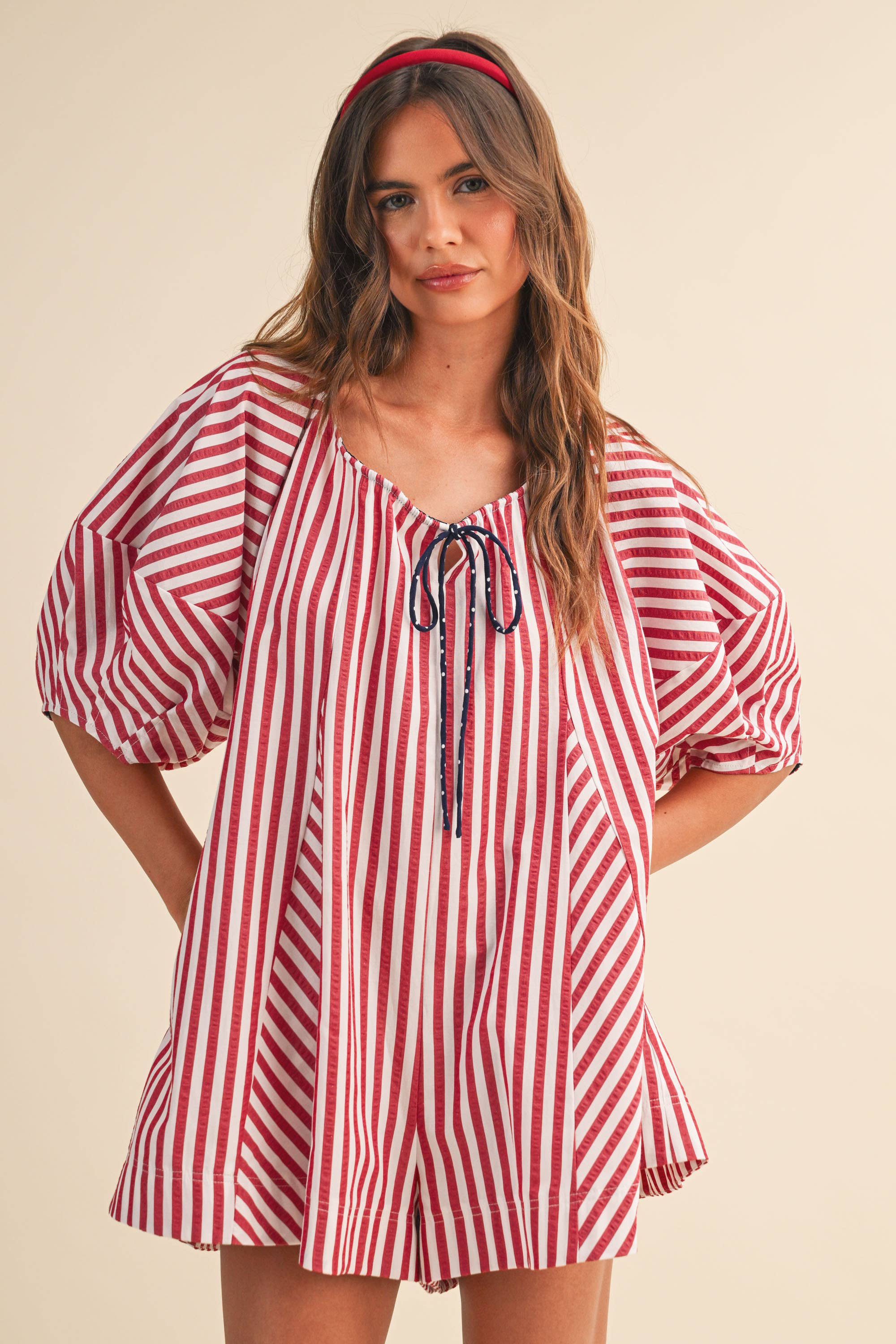 IR2141-K AMERICAN STRIPED OVERSIZED SCOOPNECK PUFF SLEEVE RO