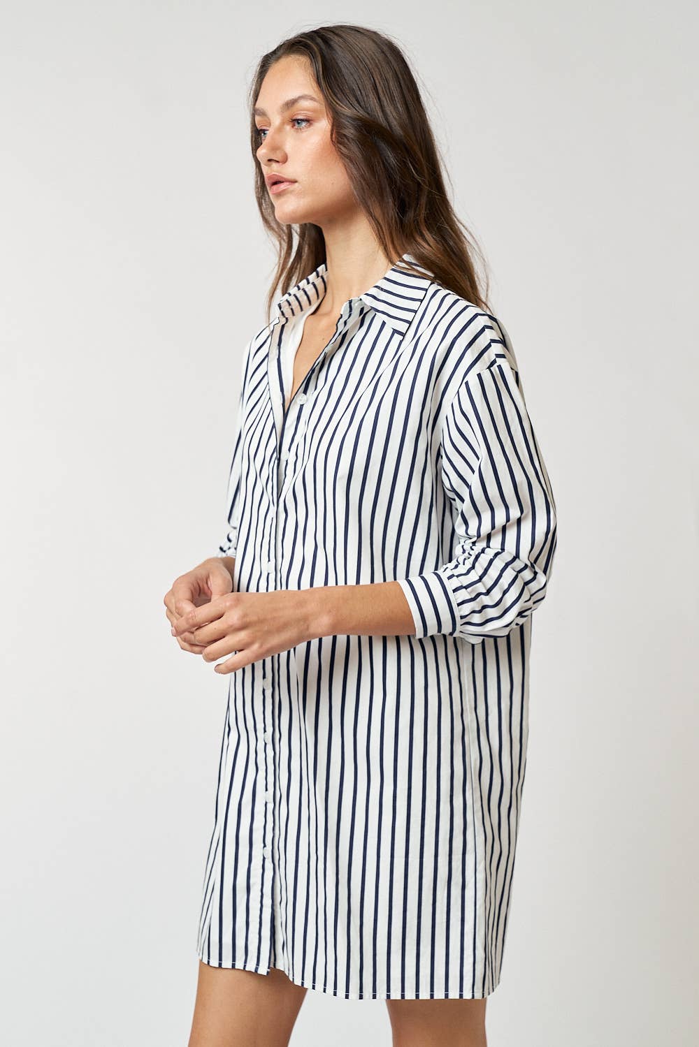 Striped Collar Button Up Shirt Mini Dress, Navy/White