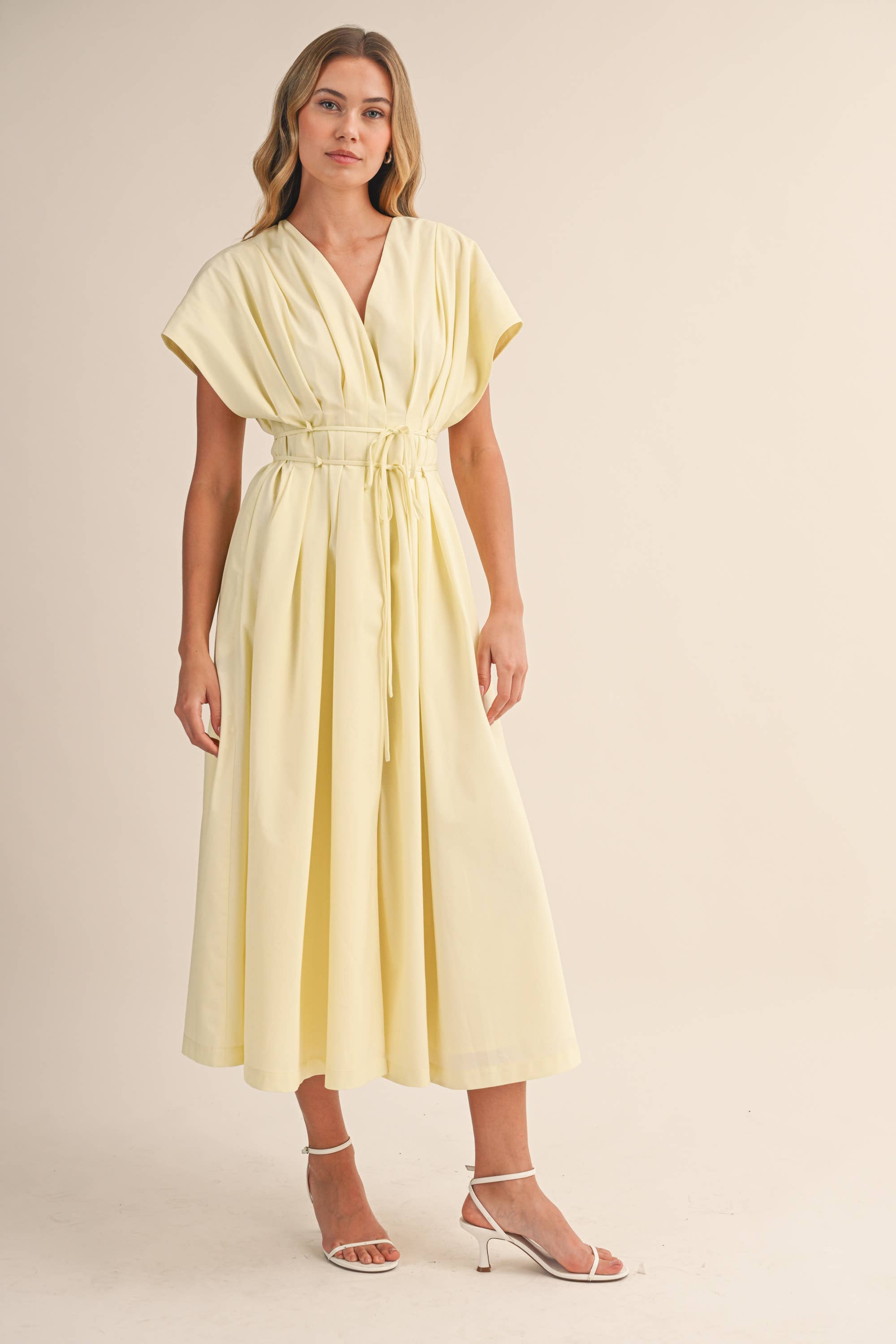 IDA1035 POPLIN SHORT SLV PLEATED DETAIL BELTED MAXI DRESS