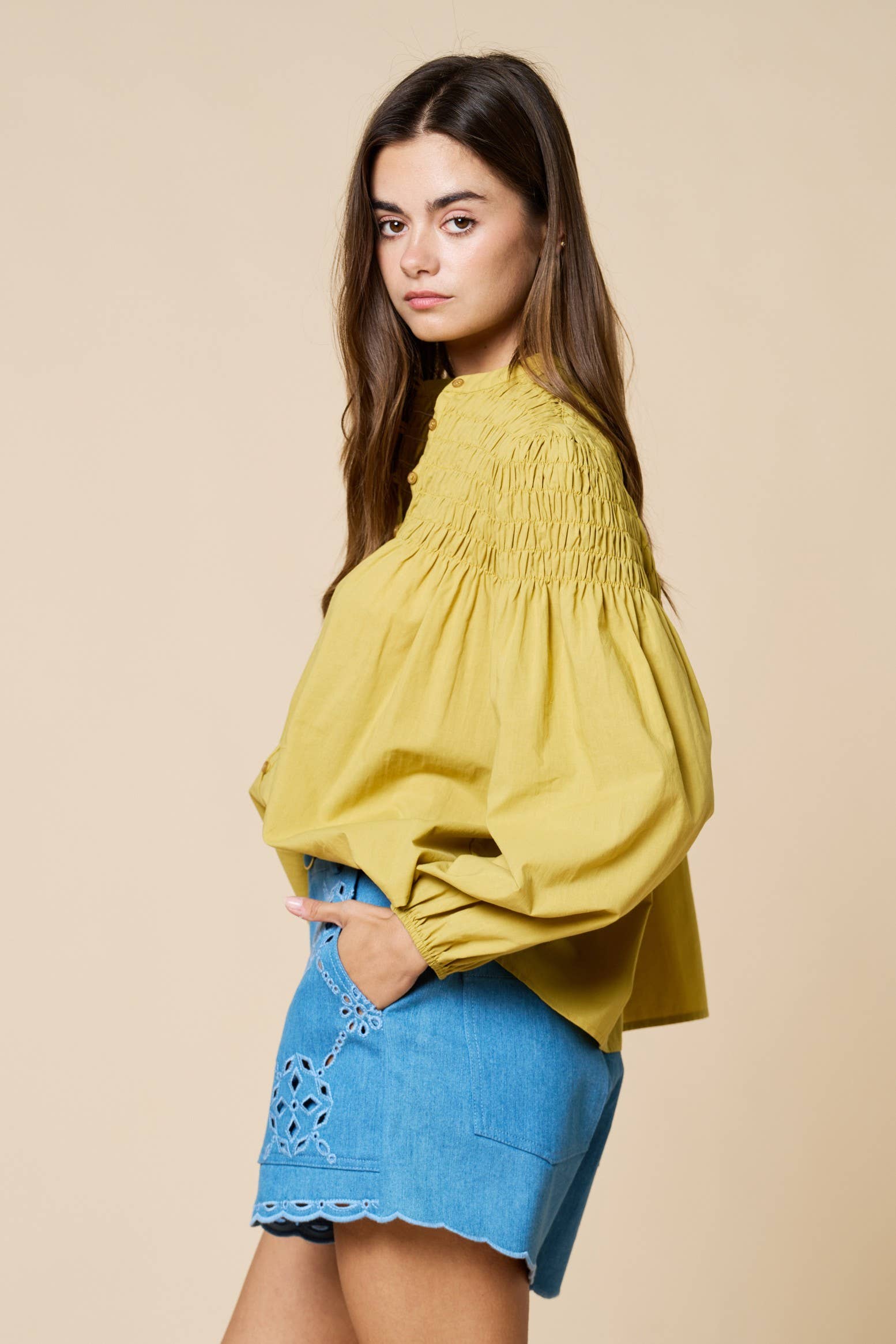 Smocked Bubble Sleeve Button Down Blouse
