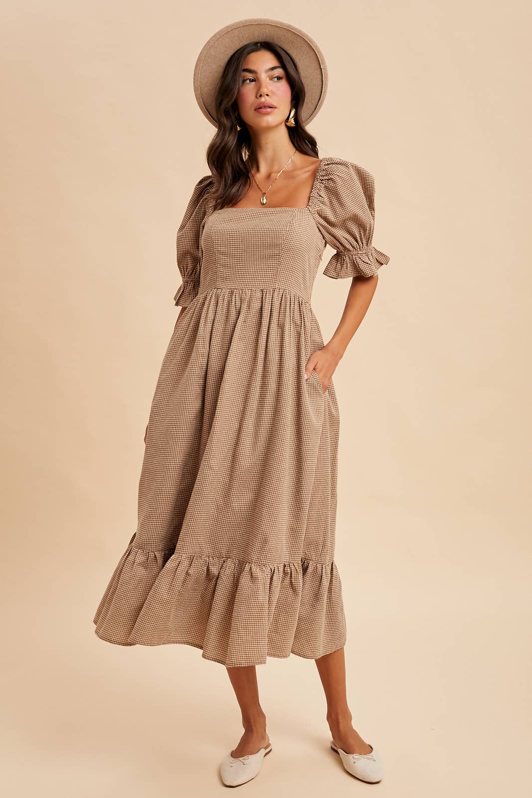 GRID CHECKERED MIDI DRESS