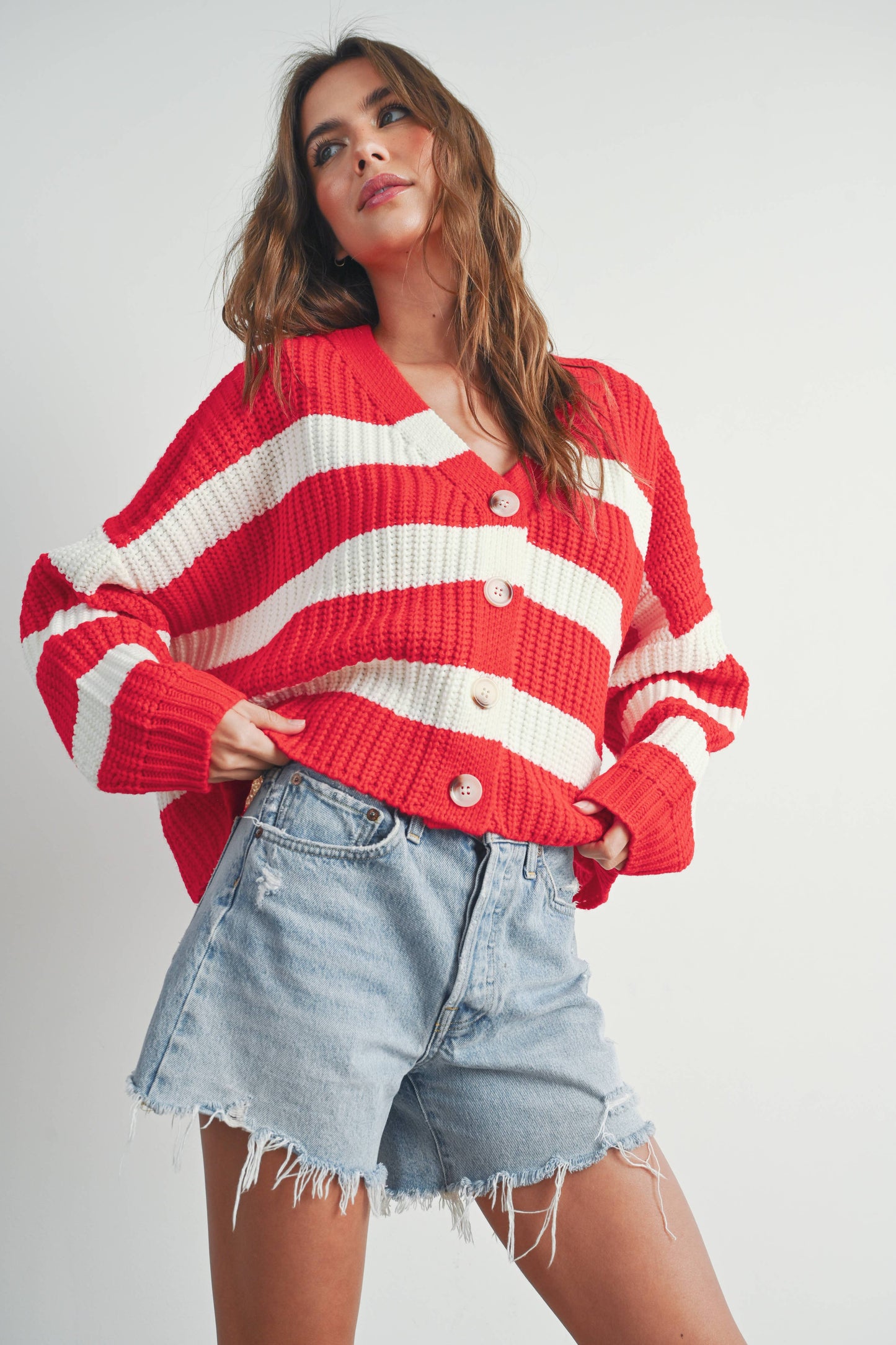 RED STRIPED V-NECK CARDIGAN WITH BUTTONS