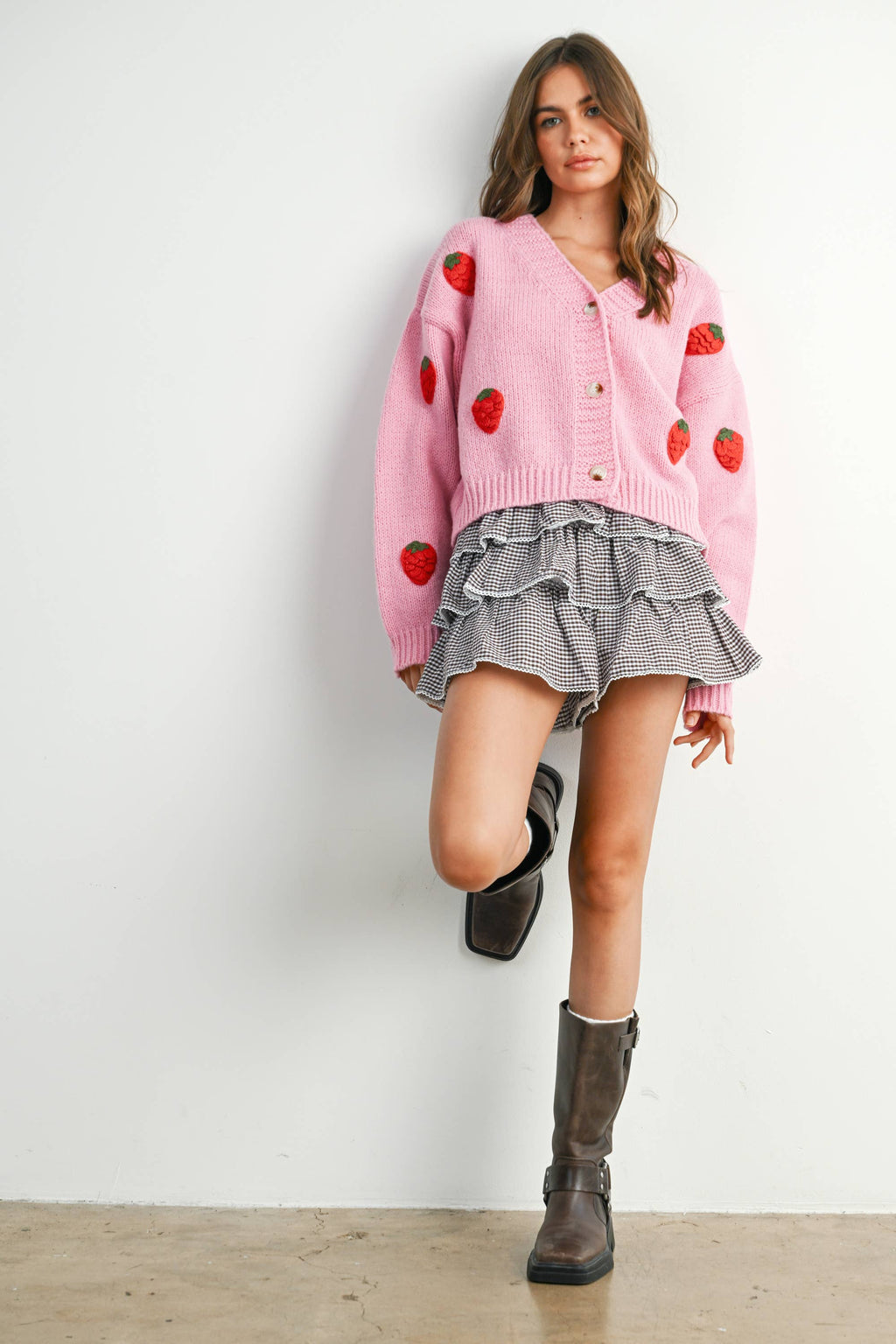Eloise Strawberry Embroidered Cropped Cardigan