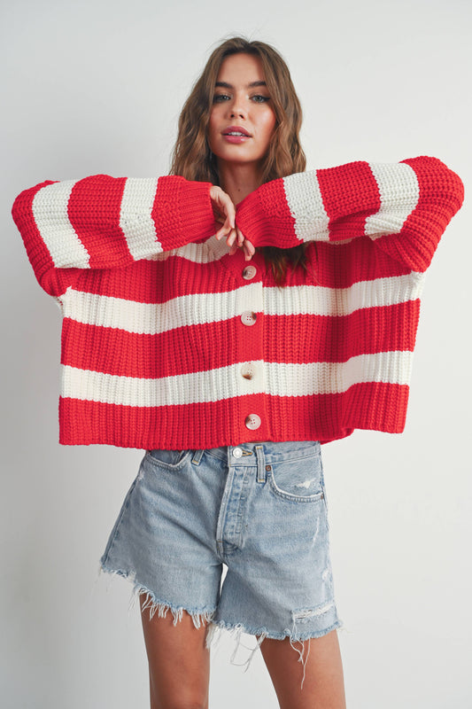 RED STRIPED V-NECK CARDIGAN WITH BUTTONS