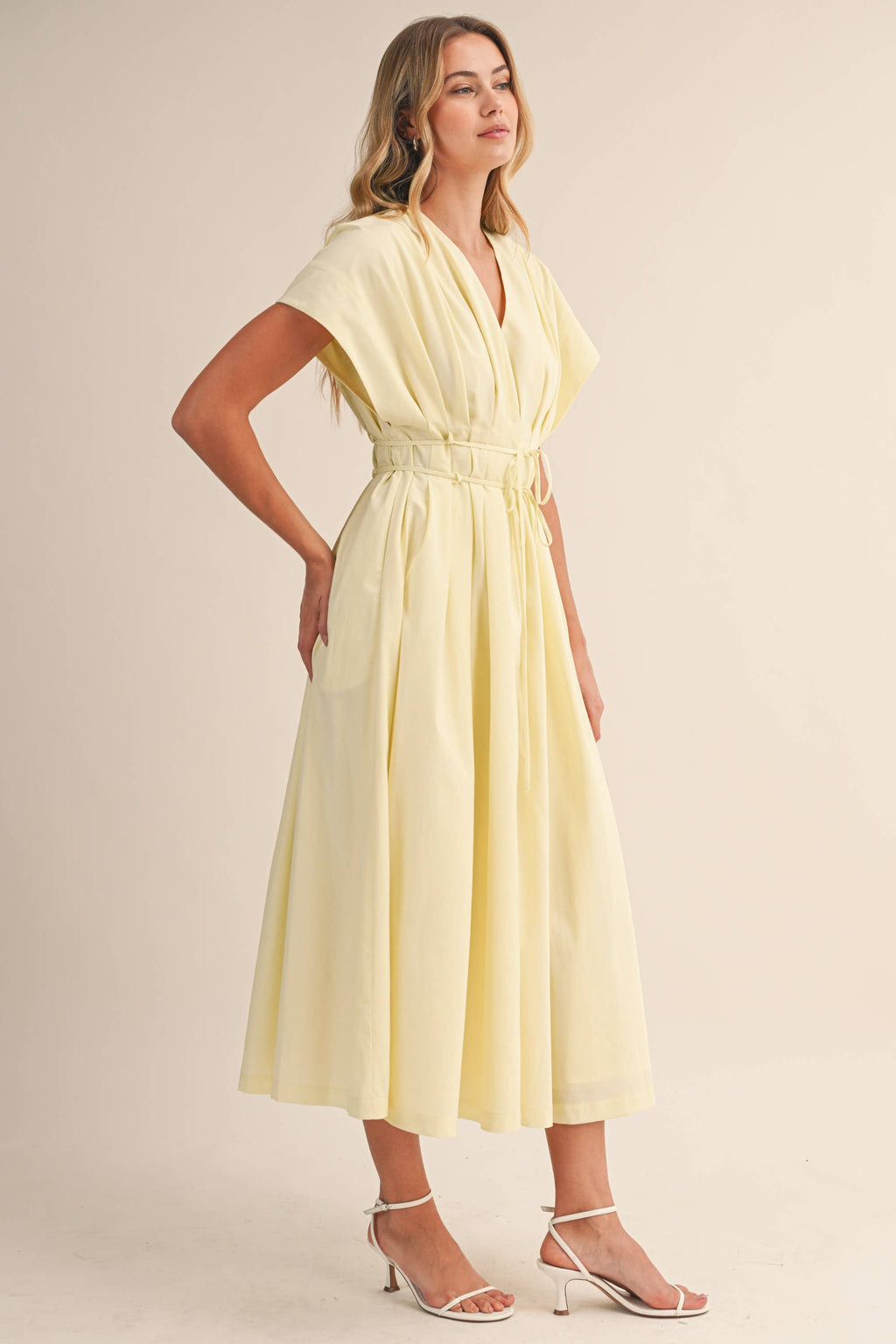 IDA1035 POPLIN SHORT SLV PLEATED DETAIL BELTED MAXI DRESS