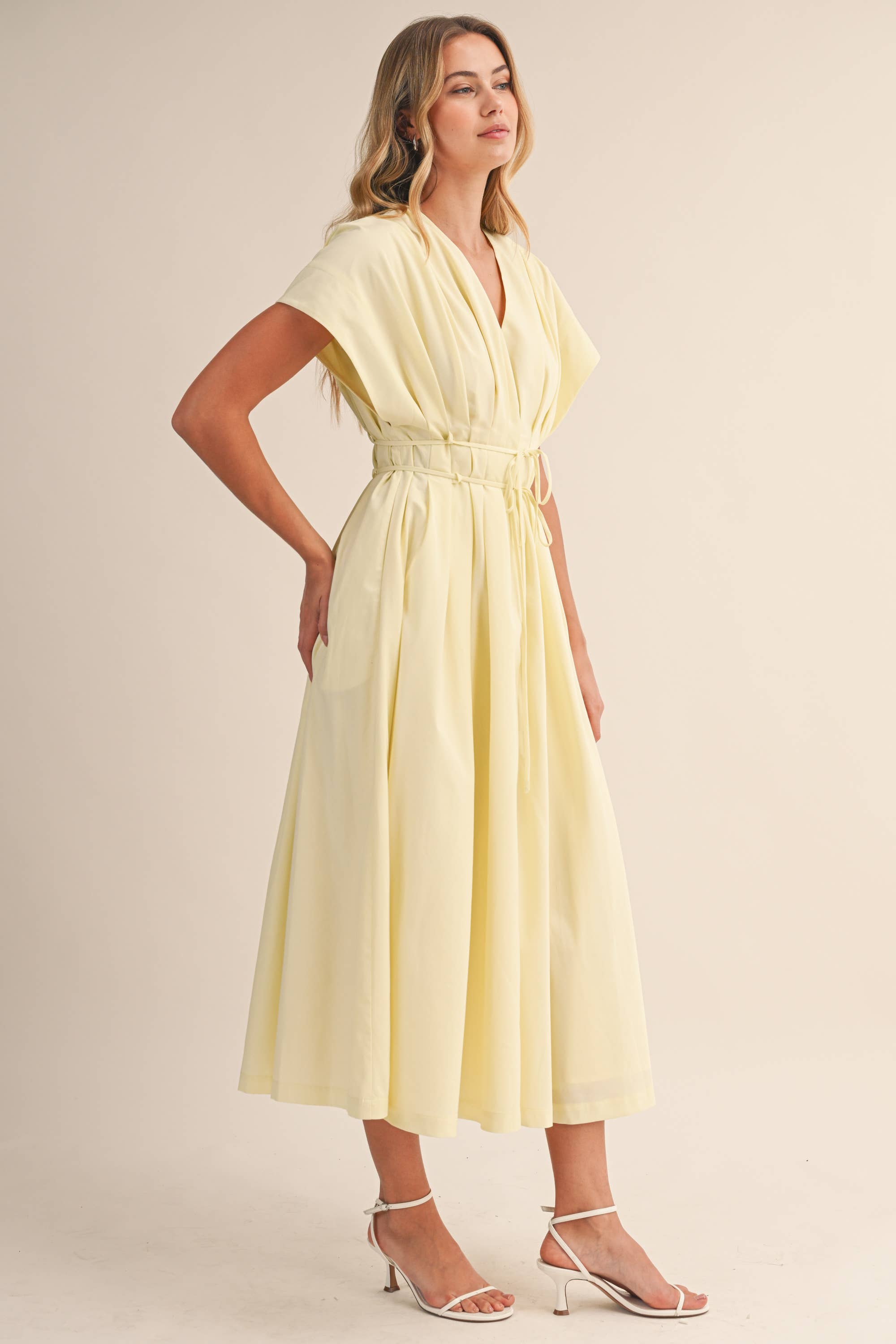 IDA1035 POPLIN SHORT SLV PLEATED DETAIL BELTED MAXI DRESS